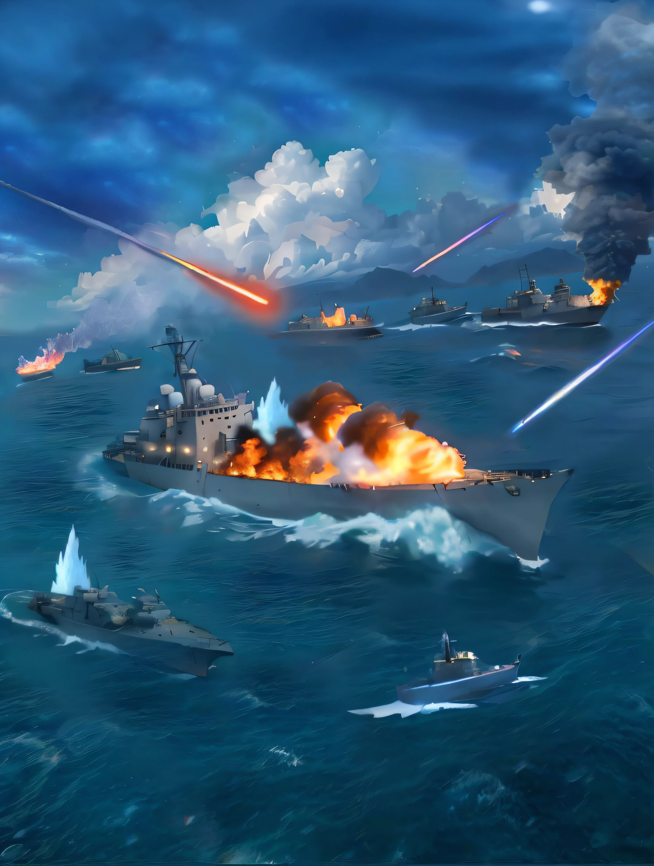 Painting of a destroyer surrounded by smaller ships in the ocean,oda'There's a lot of fire out there,Behind are several small warships and fishing boats, Realistic warship design, epic naval battle, warships, naval battles,fishing boat,small boats,naval background, Stunning wallpapers, world war 2, beautiful high resolution,