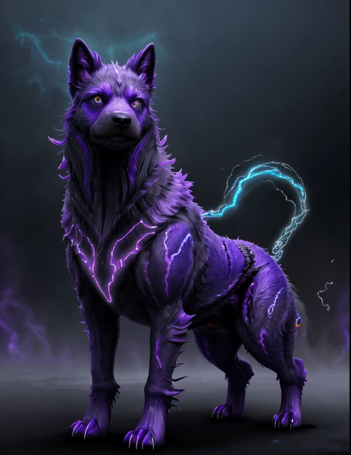 Envision a fearsome electric hell hound with fur that resembles swirling mist, crackling with an otherworldly energy. Its body emanates an eerie purple glow, and sparks dance along its sleek, shadowy form. Eyes of electric blue pierce through the mist, conveying an intense and otherworldly presence. The air around this supernatural creature crackles with a mystical purple charge, making it a formidable and captivating entity.