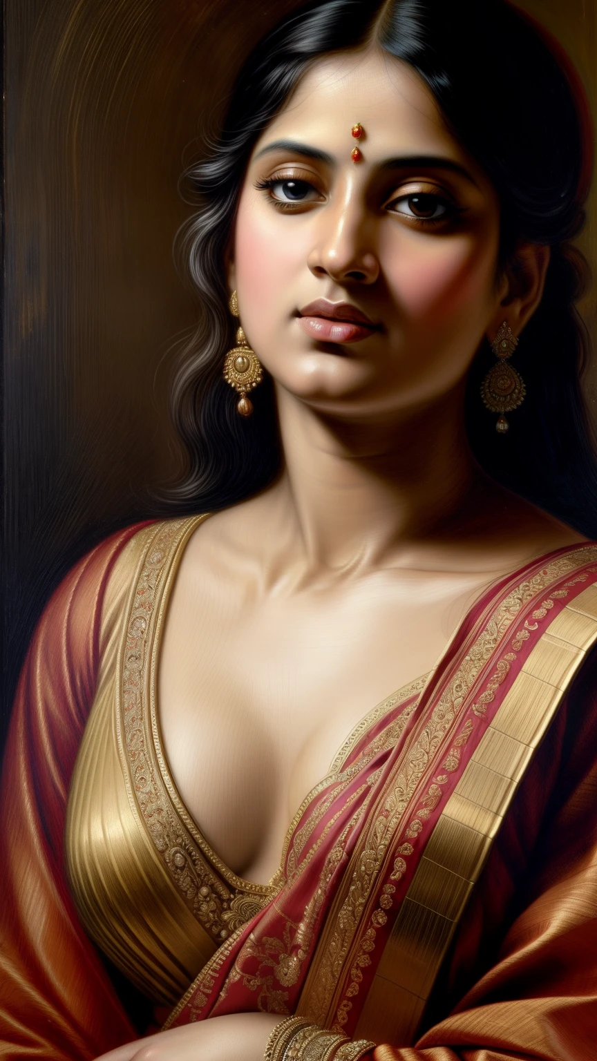 Beautiful Indian Woman, wearing saree, sari Beauty, gorgeous, Apsara, Maharani, royal queen woman, nymph from Hindu Mythology, Urvashi, matchless beauty, Highly detailed, Oil Painting by Peter Paul Rubens inspired by Raja Ravi Varma, Matchless beauty, captivating, gorgeous, heavenly beauty, celestial beauty, by Peter Paul Rubens, 1893, realistic, hyper realistic, micro details, incredible artwork, insane details, ultra High resolution, 8k, 32k,  acrylic on canvas, intricate, flawless, detailed, detailed face, detailed eyes, masterpiece, by Peter Paul Rubens, by Caravaggio, by William Adolphe bouguereau, perfect face, perfect body, beautiful art, realism, baroque, renaissance Art, highly textured, beautiful and detailed eyes, uhd, best quality,