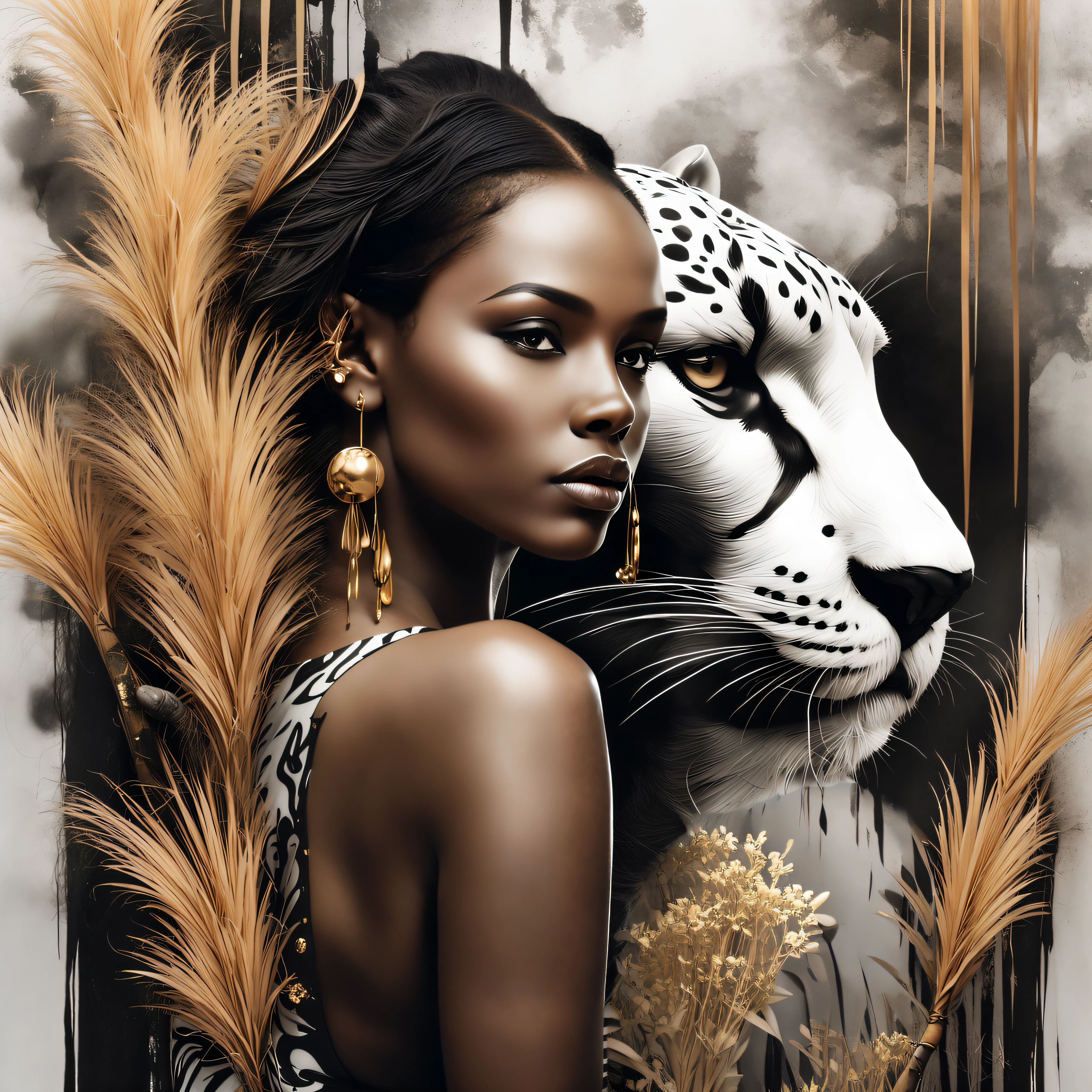 pantera, Pampas grass, abstraction, Floral botanical, Fantasy, African style, Beautiful, ultra realistis, beige, black
