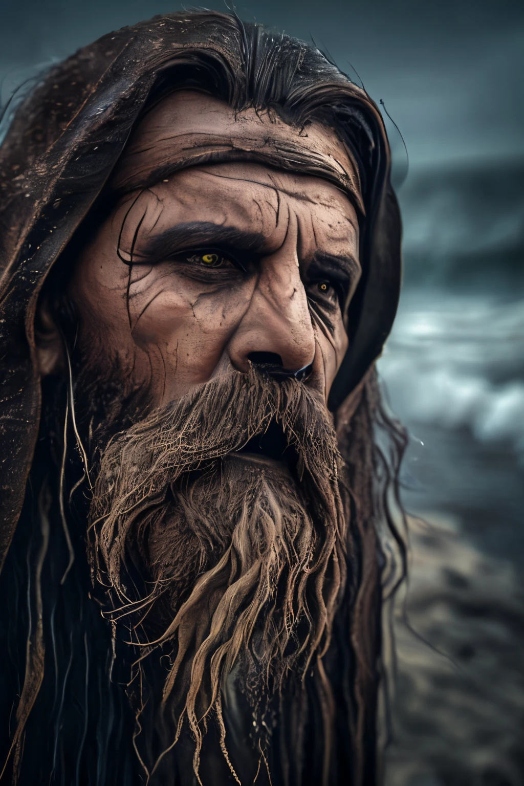 (extremely detailed 8k wallpaper), Dark Theme, Modern Horror, ((Sea creature mes (torn and aged pirate clothes.), fine focus, (subsurface dispersion:1.1), (Middle-aged man), (Brown long hair), (Beard) ((Completely Wet)), centered face, dramatic lighting, expression (serious), On a beach, coming out of the sea.