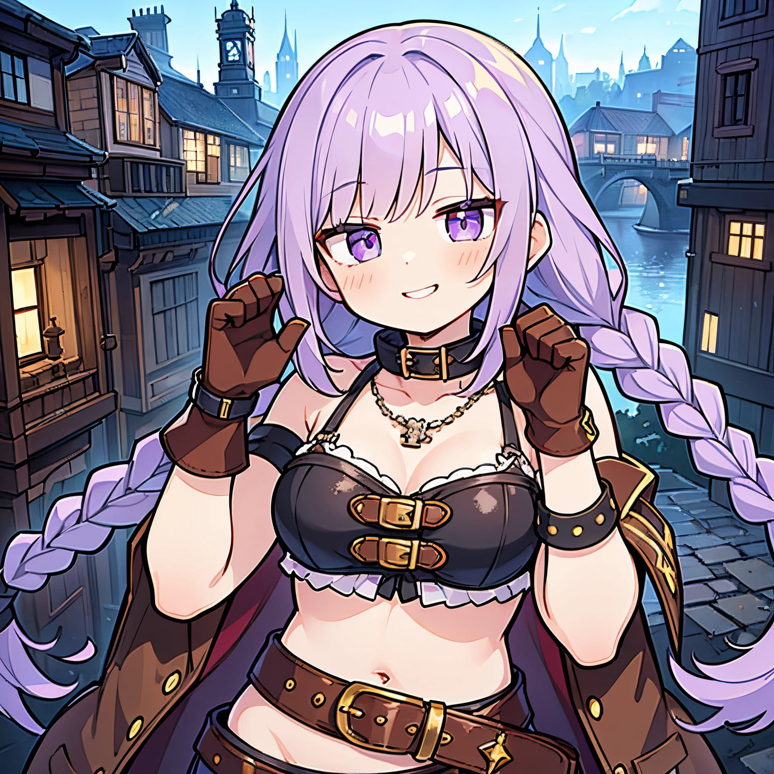 ((Masterpiece)), (highly saturated), (RAW photo: 1.2), (best quality:1.2), from above, intricate details, pale purple hair, cute teenage girl, (Mean smile), 1girl, (twin braids), single elbow glove, ragged short shorts, cute bikini top only, necklace, belt, bullet, upper body, potrait, (cute pose), (steampunk city)