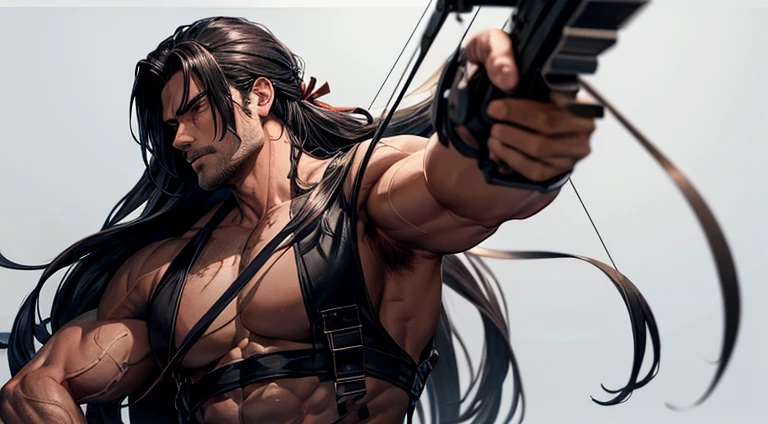 An attractive serial killer with a good muscular body and the style of a killer with long hair tied behind his head and a crossbow in his hand.