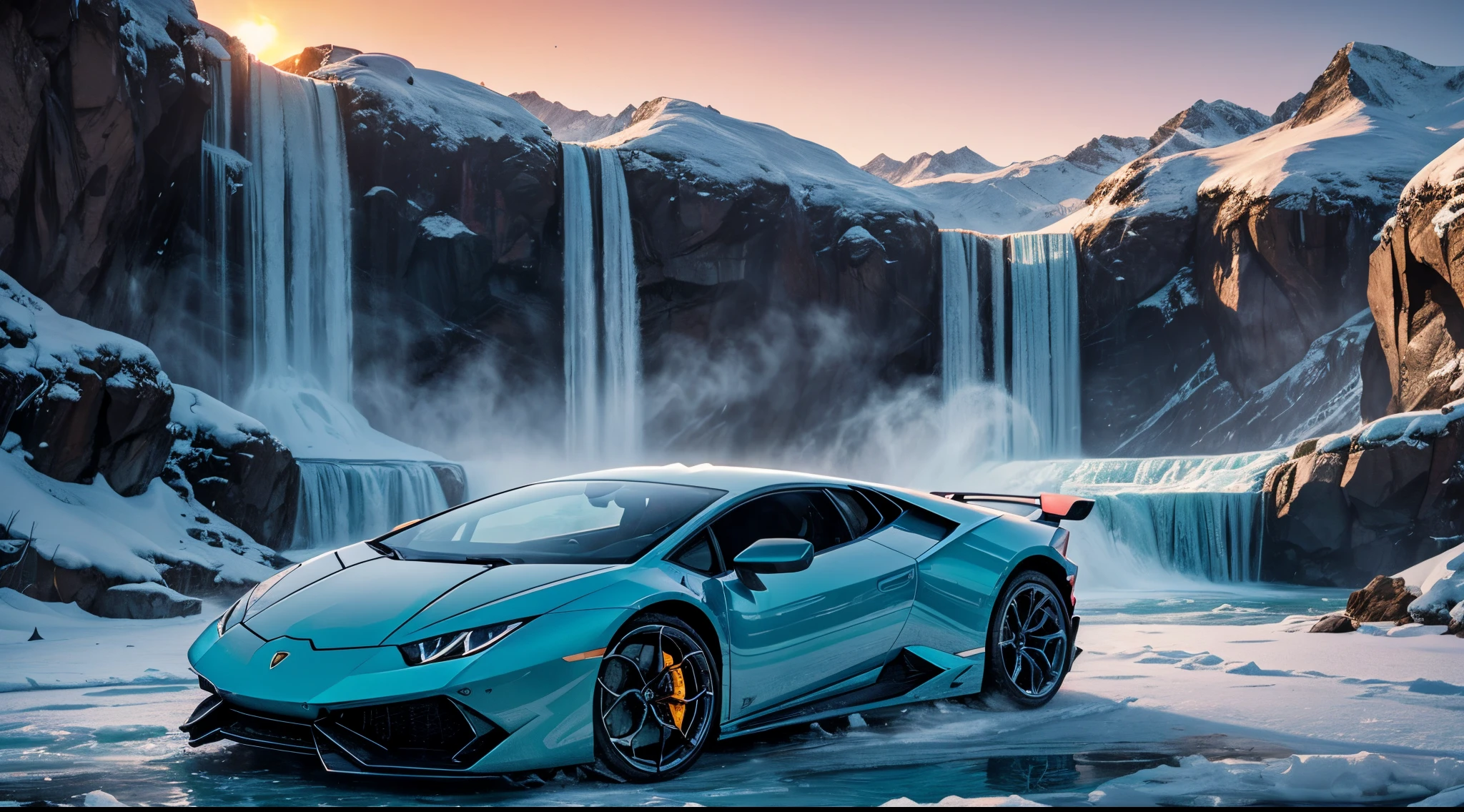 a lamborghini huracan standing at a frozen waterfall, sunset, phtotorealistic, extremely detailed, colorful, wide angle shot