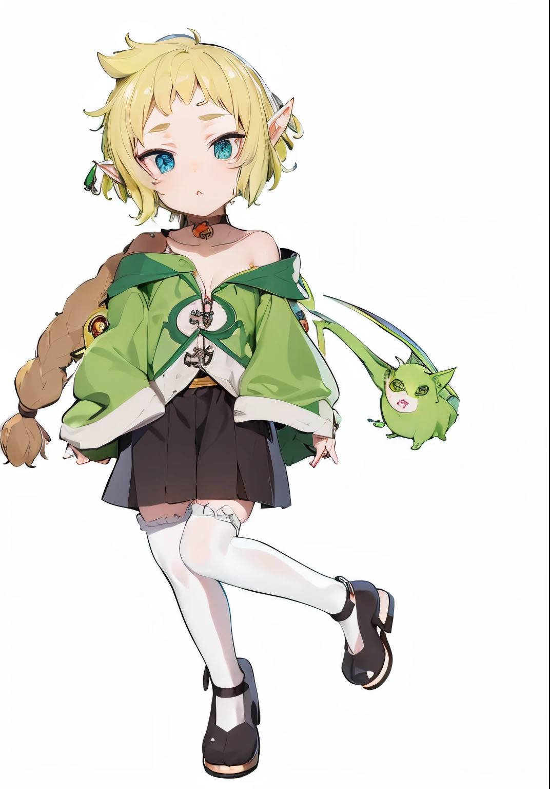 chica anime con una rana verde y un bolso verde, art style of rune factory 5, Elf girl, Personaje de Goblin Girl DND, con un lindo sapo, Lalafell, small loli girl, loli, Vestido con ropa larga y fluida, Personaje lindo, Personaje de anime, Personaje de estilo anime, Rei Hiroe, Shirabii, character adoptable, Adoptable de cuerpo completo