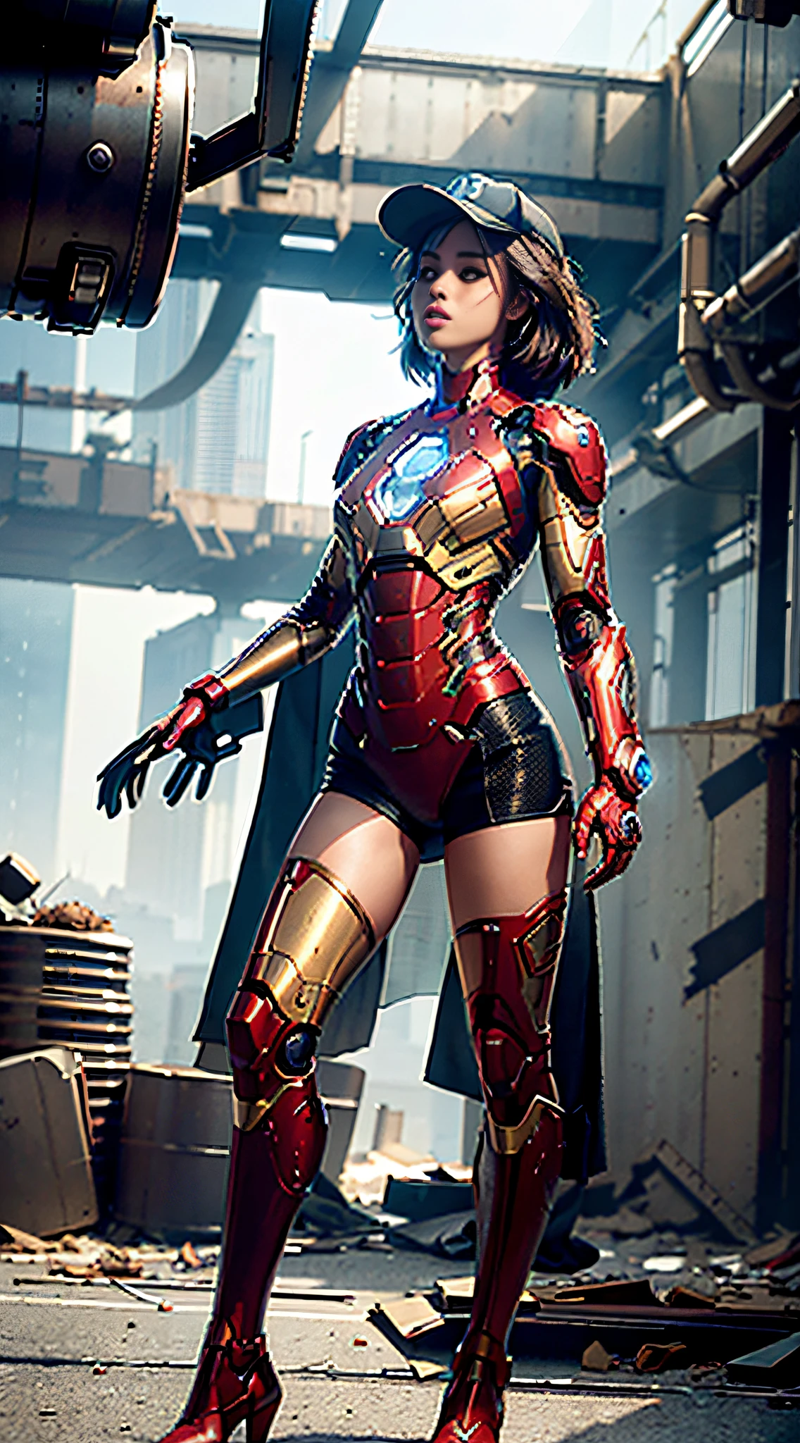 RAW, Masterpiece, Ultra Fine Photo,, Best Quality, Ultra High Resolution, Photorealistic, Sunlight, Full Body Portrait, Stunningly Beautiful,, Dynamic Poses, Delicate Face, Vibrant Eyes, (Side View) , she is wearing a futuristic Iron Man mech, red and gold color scheme, highly detailed abandoned warehouse background, detailed face, detailed and complex busy background, messy, gorgeous, milky white, high detailed skin, realistic skin details, visible pores , sharp focus, volumetric fog, 8k uhd, dslr camera, high quality, film grain, fair skin, photorealism, lomography, sprawling metropolis in futuristic dystopia, view from below, translucent