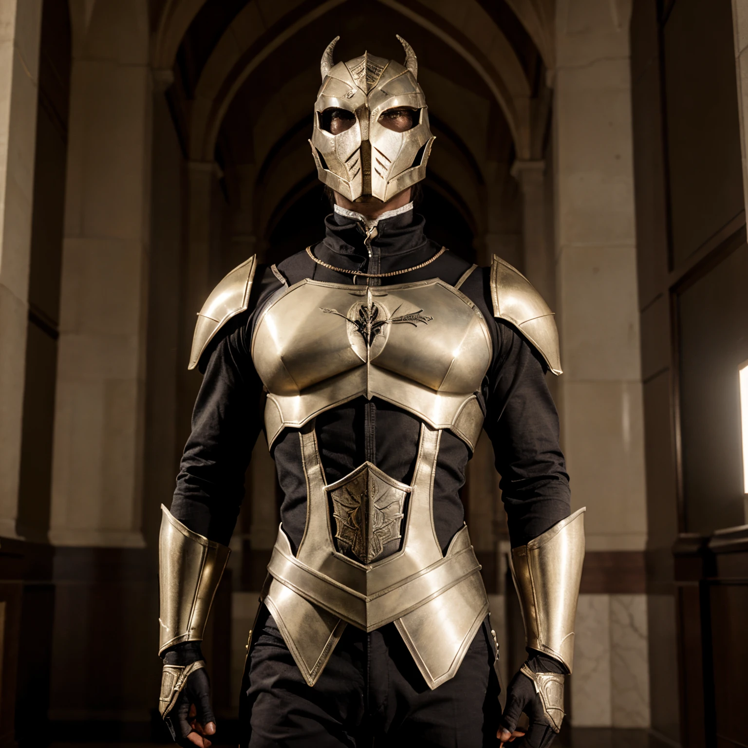 highres:1.2), ultra-detailed, realistic, superhero man, godly metal dark silver armor with bits of black, black cape, black gloves, black stripes on both sides of arms with dark silver, no logo on armor, wears a fully black astronaut helmet with golden visor, superhero base, cinematic lighting, dramatic shadows, volumetric lighting, epic fantasy, hyper detailed, majestic, awe-inspiring, heroic, powerful pose