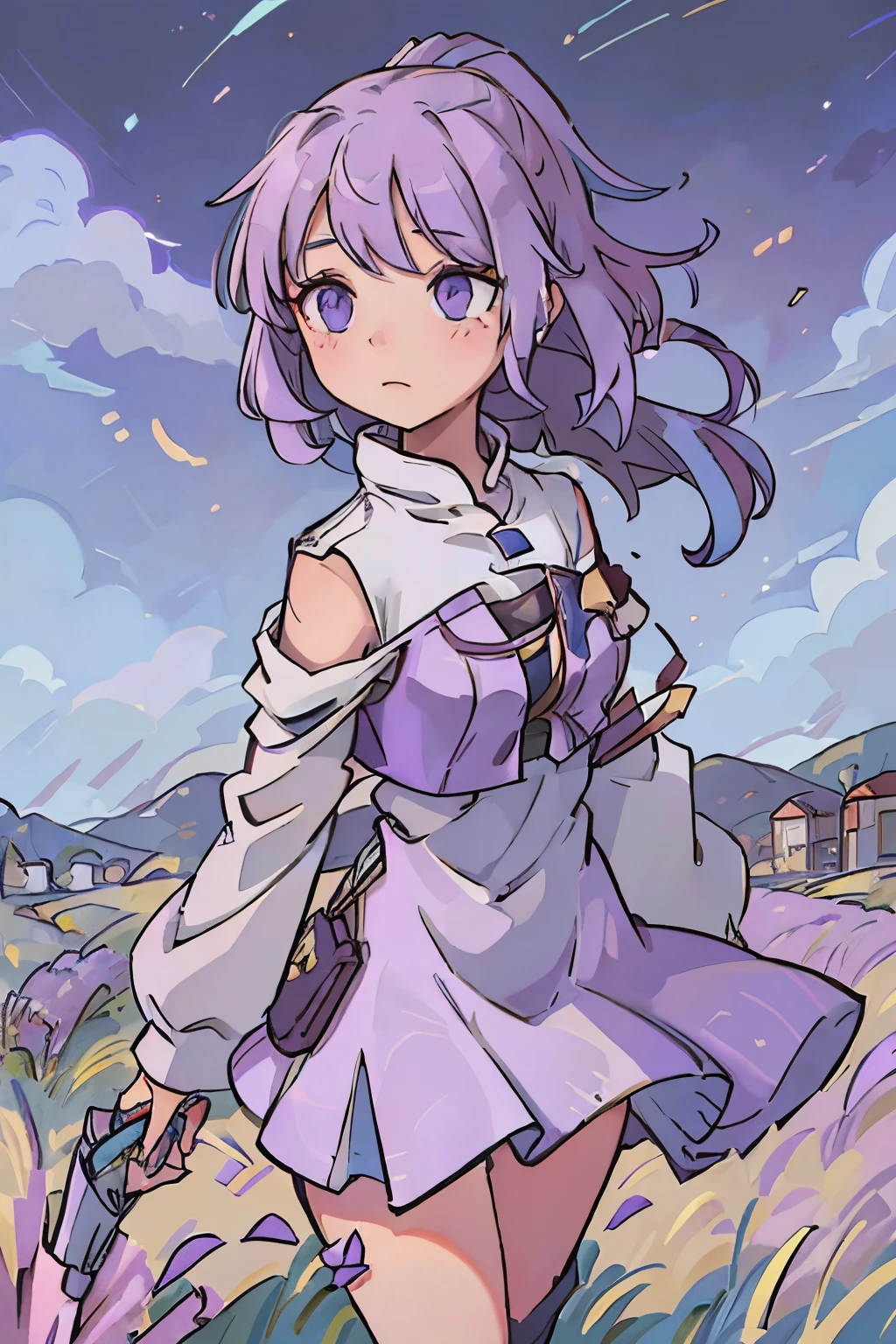 A young girl in her twenties, with lavender colored hair and eyes. She is in a field full of short grass and the wind is blowing her mid high cosmic colored dress