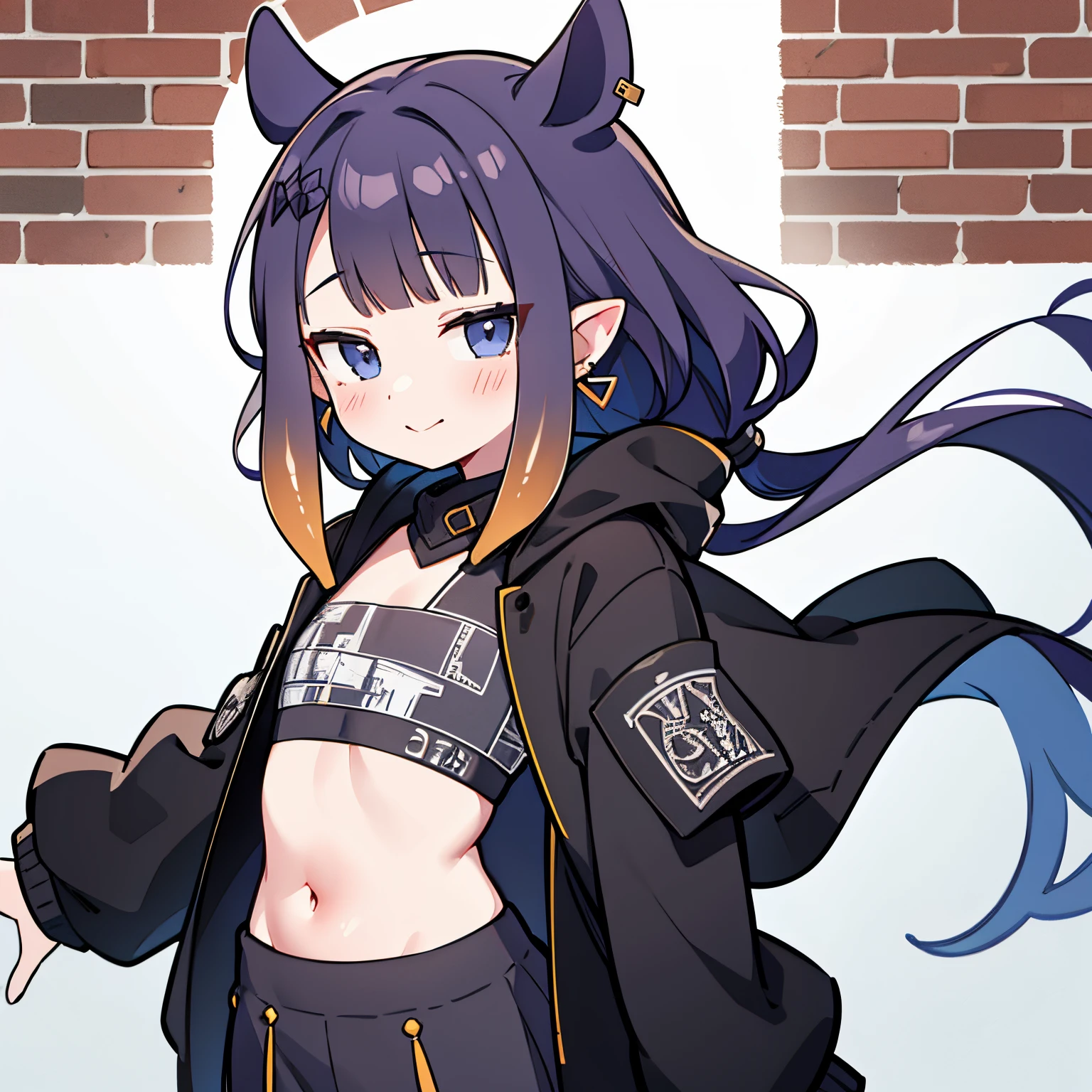 ((Ninomae Ina'nis)), ((Masterpiece)), (High Definition:1.3), (Professional Photography:1.2), from above, (flat body), flat chest, (laughing face), ragged brick wall background, leather, silky long hair, earrings, leather jacket, thigh strap, wind blow, jewelry, hand on hip, shirt, open jacket, midriff, bangs, open clothes, long sleeves, looking at viewer, standing, closed mouth, hand up, crop top, looking to the side