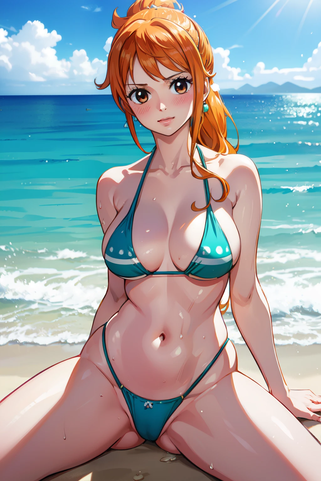 Nami from One Piece, long orange ponytail hair, beautiful brown eyes, blushing cheeks, wearing a vibrant bikini, enjoying a sunny day at the beach. The art style should resemble a captivating anime style.

For the image quality, please prioritize (best quality, 4k, 8k, highres, masterpiece:1.2), ultra-detailed, and (realistic, photorealistic, photo-realistic:1.37) rendering. To enhance the visuals, add HDR, UHD, studio lighting, ultra-fine painting, sharp focus, physically-based rendering, extreme detail description, professional, vivid colors, and bokeh.

Capturing the essence of Nami's adventurous spirit and the picturesque beach scene, make sure to emphasize the vibrant colors and the warm sunlight in the artwork. The lighting should create a soft, dreamy atmosphere that enhances Nami's beauty.

(nsfw:1.5)