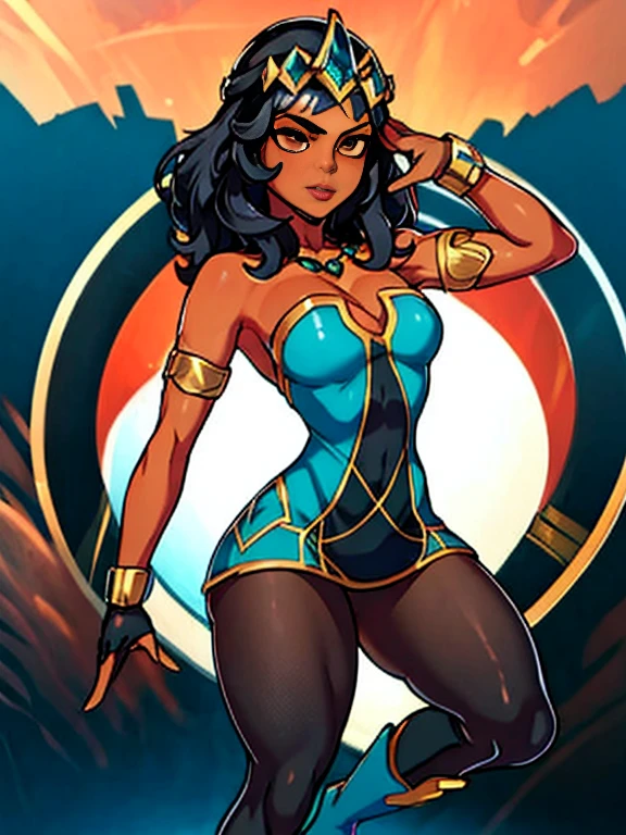 (masterpiece),( best quality), 1girl, long black hair, tanned bronze skin, bright hazel eyes, hyper-detailed, perfect body, detailed eyes, beautiful girl, superhero, leotard, war_glam armor, embroidery, tiara, bare legs, gloves, boots, holding a lasso