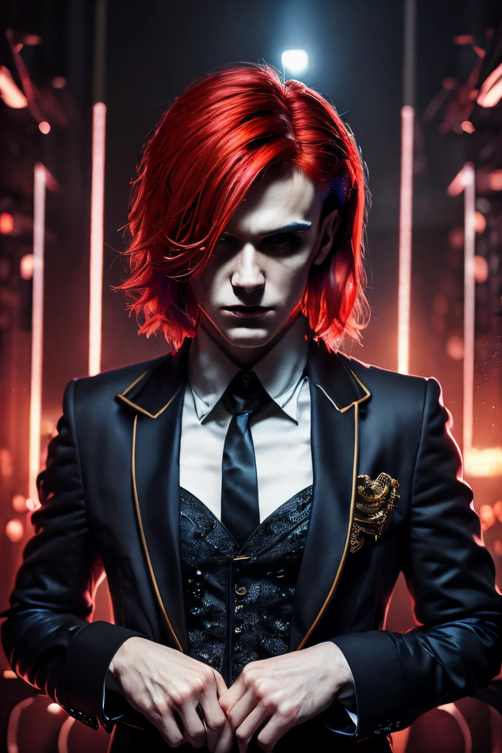 (extremely detailed 8k wallpaper), Dark Theme, Vampire in Masquerade, Modern Horror, uses (party clothes), fine focus, (subsurface dispersion:1.1), (((Young androgynous man))), (Short red hair), centered face, award-winning photography, dramatic lighting, expression (seductive), a VIP area in a nightclub.