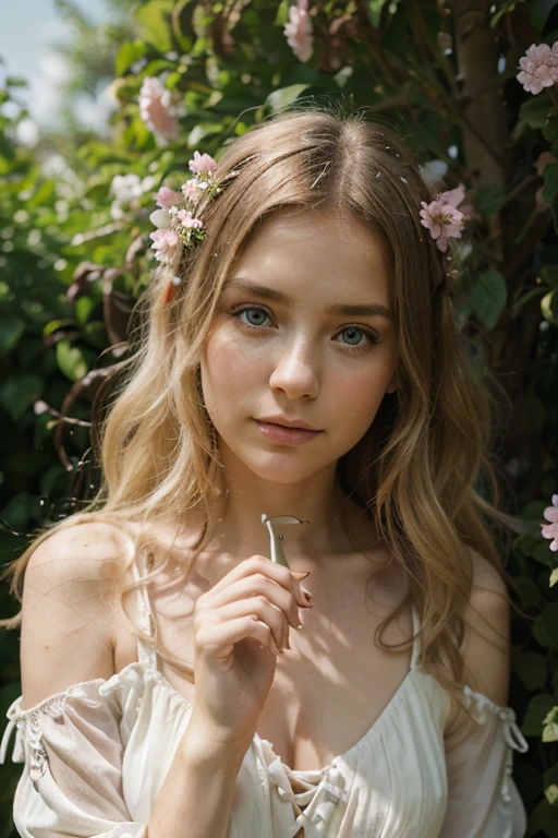 Editorial style photo, middle ground, off center, 40 year old European fairy woman, fairy fairy, fantasy, light summer pink rich dress, holding magic beautiful wand, blonde hair, green eyes, very beautiful face, natural facial skin texture, smooth, with a slight shine, beautiful female hands, next to a giant fairy flower, detail, looking at the camera, blooming garden, peacemaker, color palette, sunny day, summer day, natural light, Fujifilm, elegant, studio professional, 64k,--uplight,--chaos--q--ar16: 9, Leica Q2 camera, Vasnetsov, delicate tones