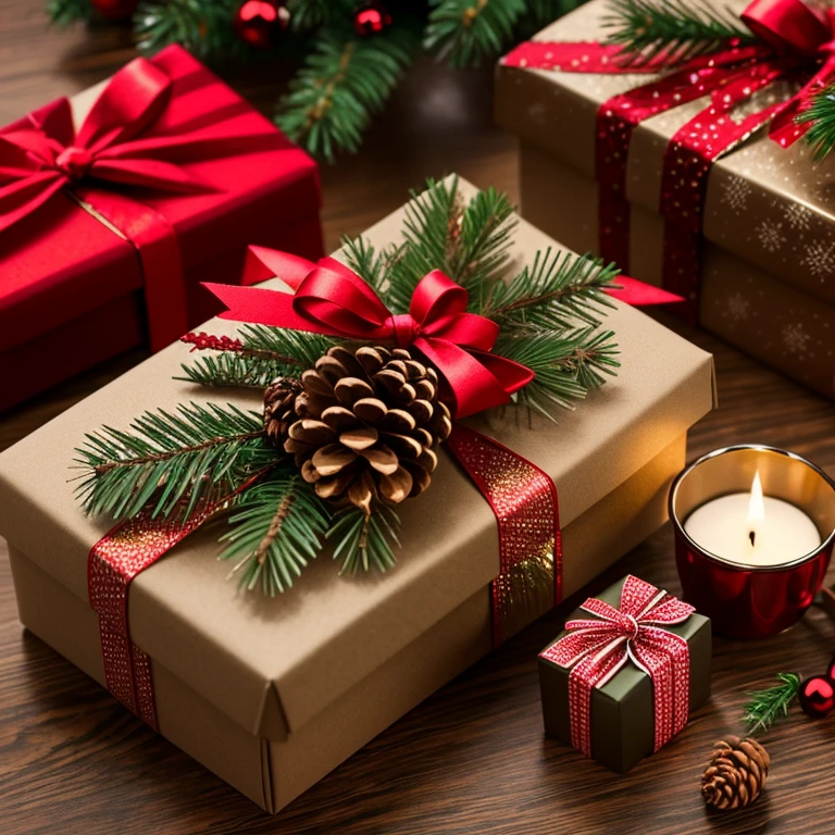 Christmas、pinecone、gift box、The background is a simple warm color....