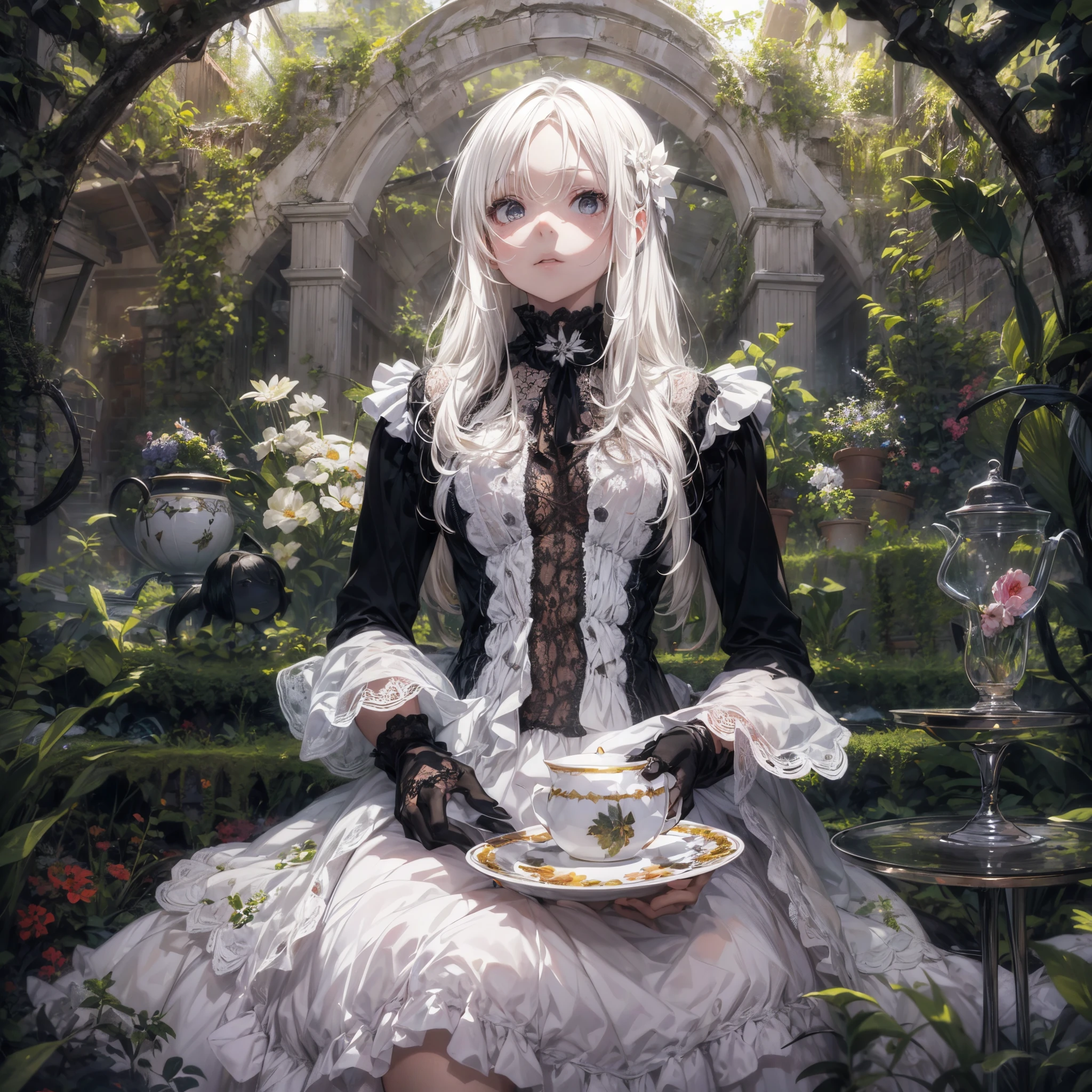 Create an image of an albino girl with a mysterious aura, set in an abandoned garden tea party. She has long, colorless white hair and jet black eyes, and is dressed in a jet black neo-Victorian dress with intricate layers of fabric, delicate lacework, and black cross accessories. The background is an overgrown garden, bathed in sunlight filtering through trees, creating depth and an ominous yet peaceful atmosphere.