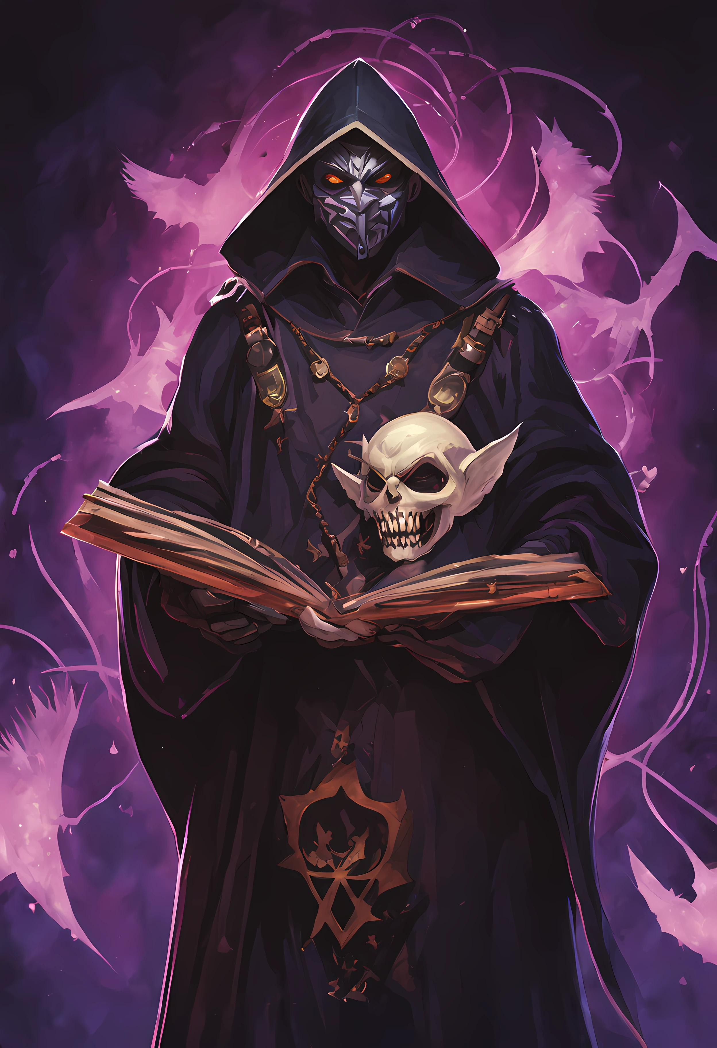 a holy villain that holding trap board one hand and dark magic another hand. he has mask and he is phonky. back theme is dark and there are bats. he is smiling and there are X symbols out of his masks.
