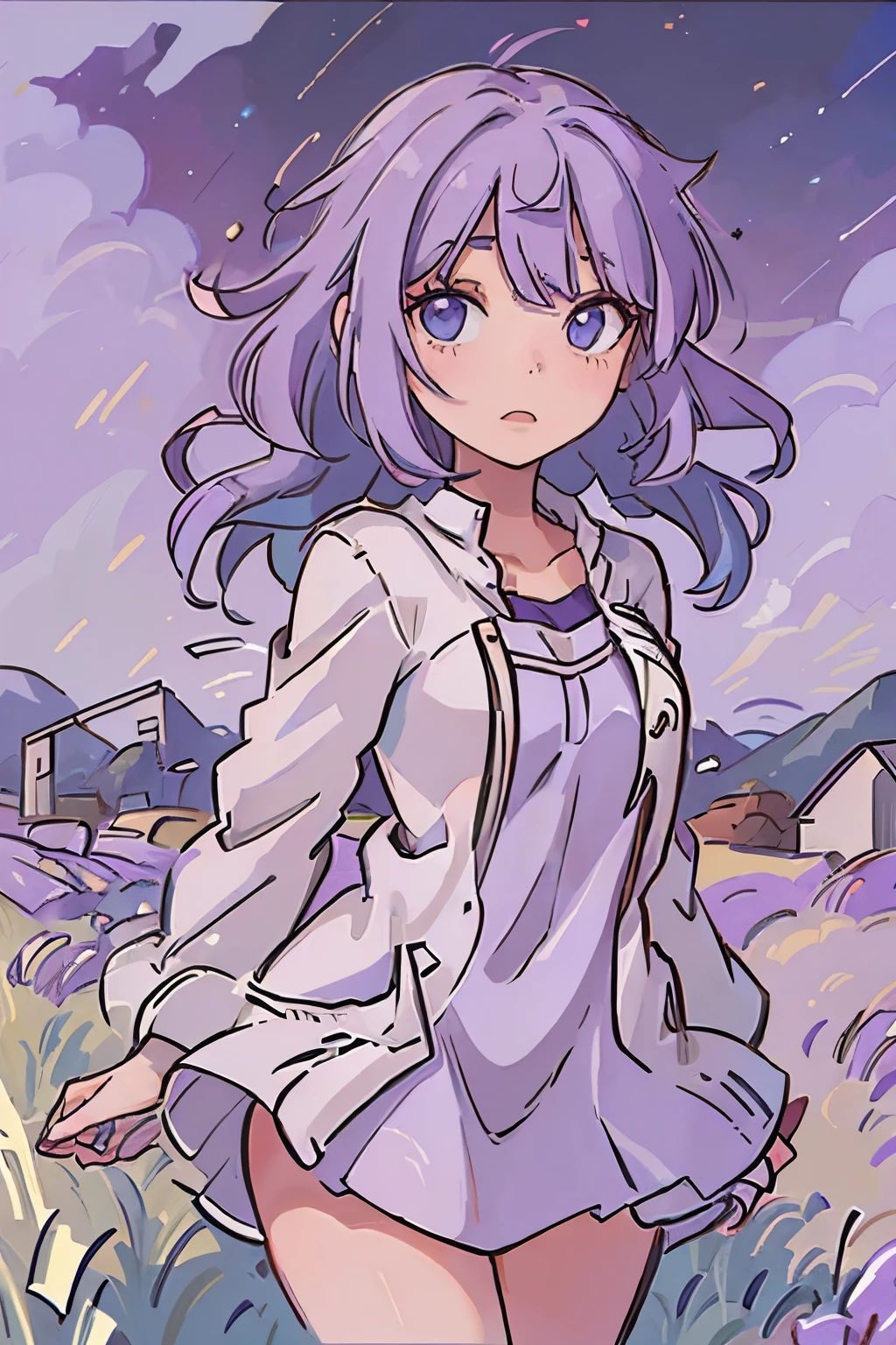 A young girl in her twenties, with lavender colored hair and eyes. She is in a field full of short grass and the wind is blowing her mid high cosmic colored dress