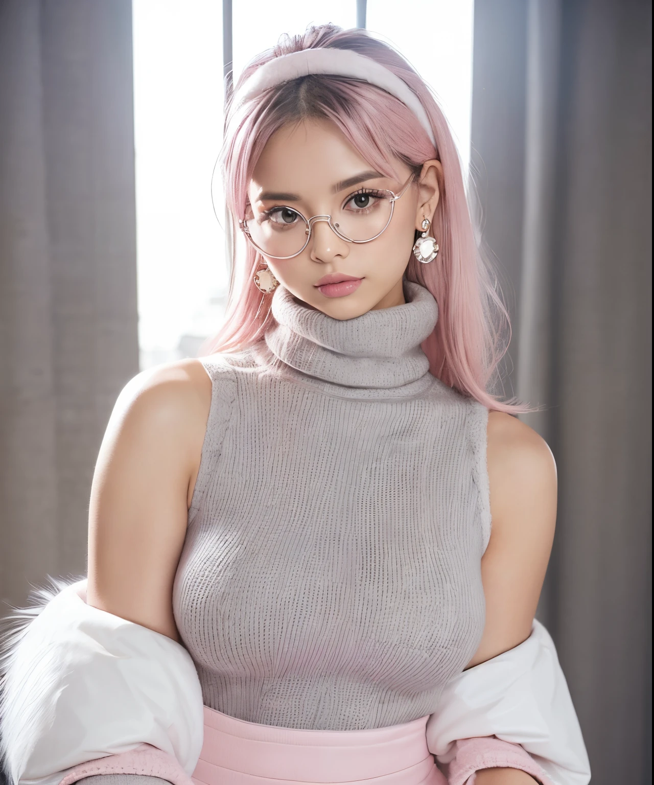 BREAK (pink theme:1.5), (oversized pink down jacket with white fluffy fur:1.5), (pink down jacket pull:1.4), (off shoulder:1.4), (pink nylon shine:1.3),
BREAK (white theme:1.4), (baggy white Thigh high boots:1.5), (tight latex white shorts:1.3),
BREAK (gray theme:1.3), (sleeveless knitted gray turtleneck sweater:1.4), (no sleeve:1.3), (accentuated breasts:1.2), (knit:1.2), (rim glasses:1.3), (earrings:1.2),
