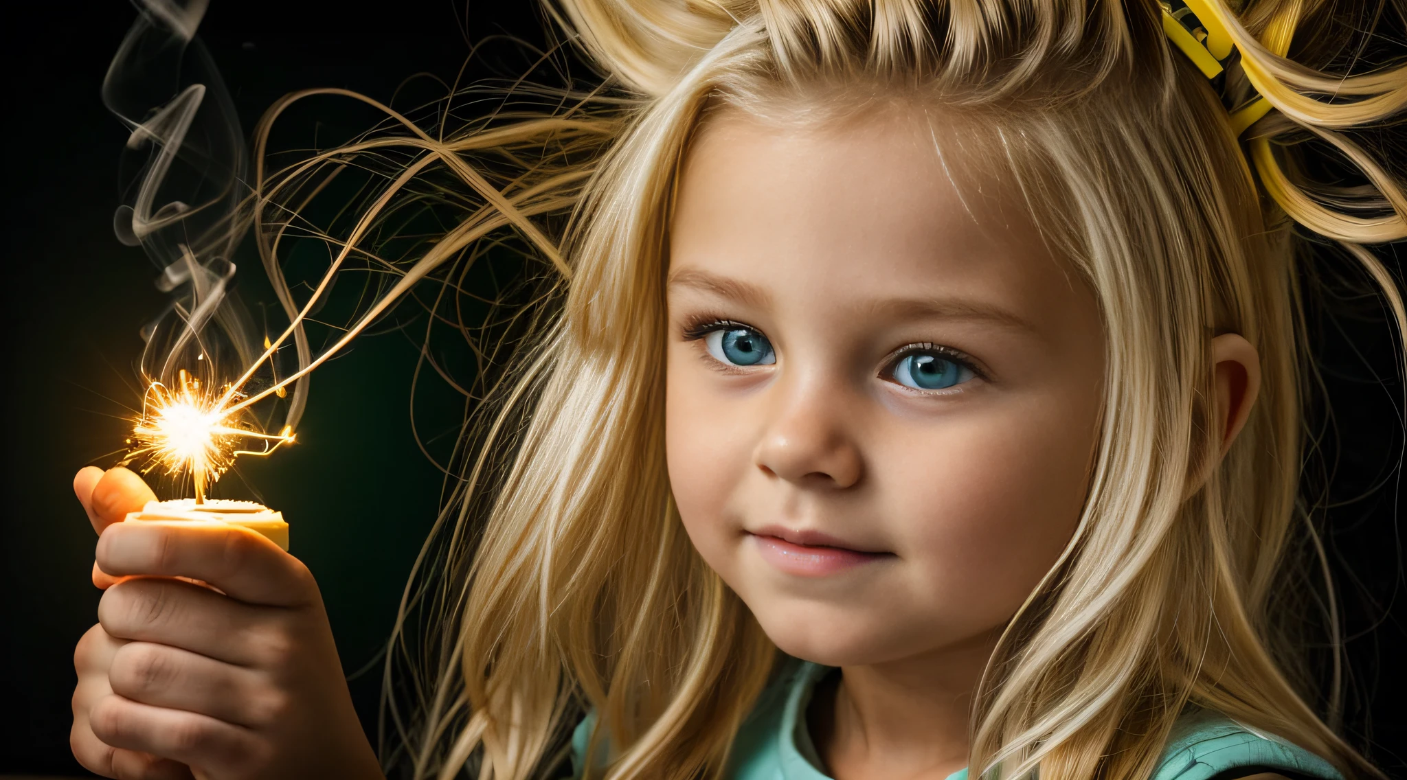 a close-up of a blonde child with long hair, BIG BALL OF electrified ICE IN HANDS. Smoke green.
