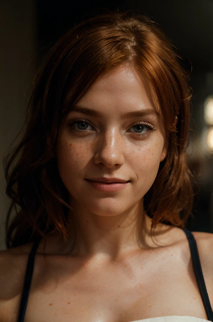 european woman, ginger hair, freckles, smiling to camera, cosplaying full body, natural skin texture, 24mm, 4k textures, soft cinematic light, RAW photo, photorealism, photorealistic, intricate, elegant, highly detailed, sharp focus, ((((cinematic look)))), soothing tones, insane details, intricate details, hyperdetailed, low contrast, soft cinematic light, dim colors, exposure blend, hdr, faded