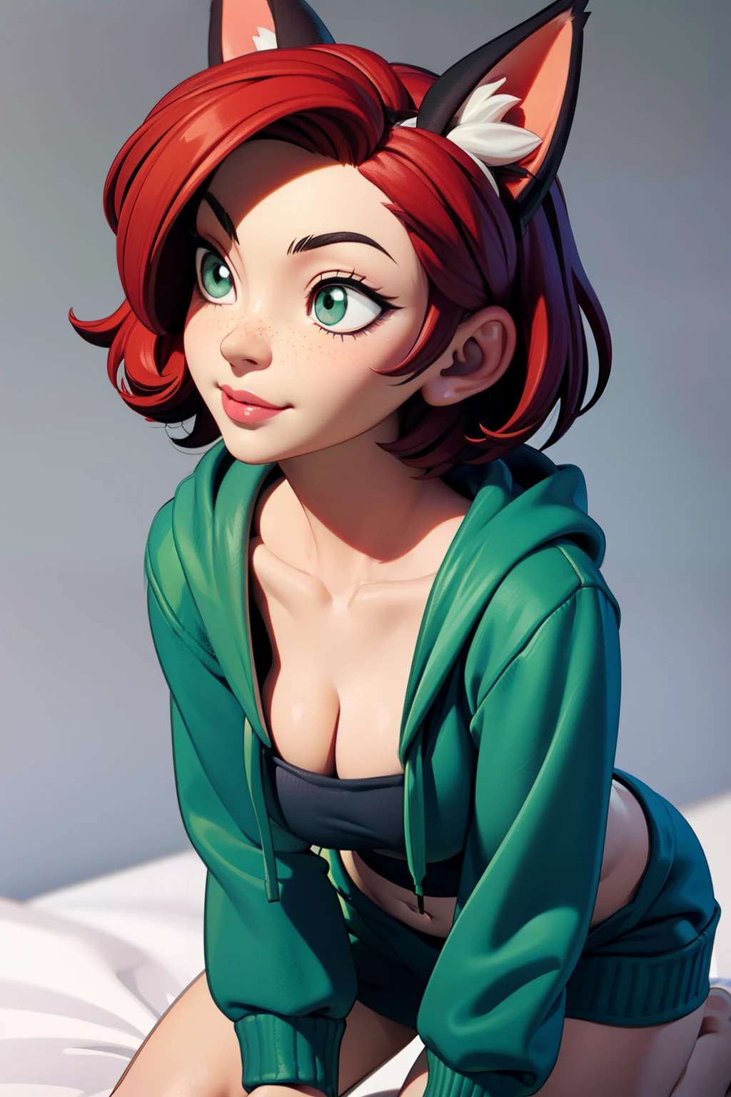 1girl, full body, ager, solo, (short pixie cut Hair, undercut red hair: 1.28), ((light gray eyes)), some small freckles, (dark fox ears: 1.35), pale skin, large breasts, cleavage, (thin hips, thin waist , athletic body: 1.25), simple background, looking away, (wearing a big oversized green hoodie: 1.5), kneeling on a bed, in a bedroom, masterpiece, best quality,3d rending work ,3DMM style, close-up, portrait, 3D,