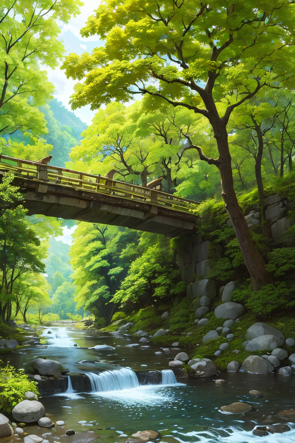 (masutepiece, Best Quality, High quality, hight resolution:1.4), Detailed, Extremely detailed, Ambient soft lighting, 4K,

Outdoors, (Nature, oak forest:1.2), (boulders:1.2), mount, Flowers, Plants, Small river, birds and squirrels, butterflys