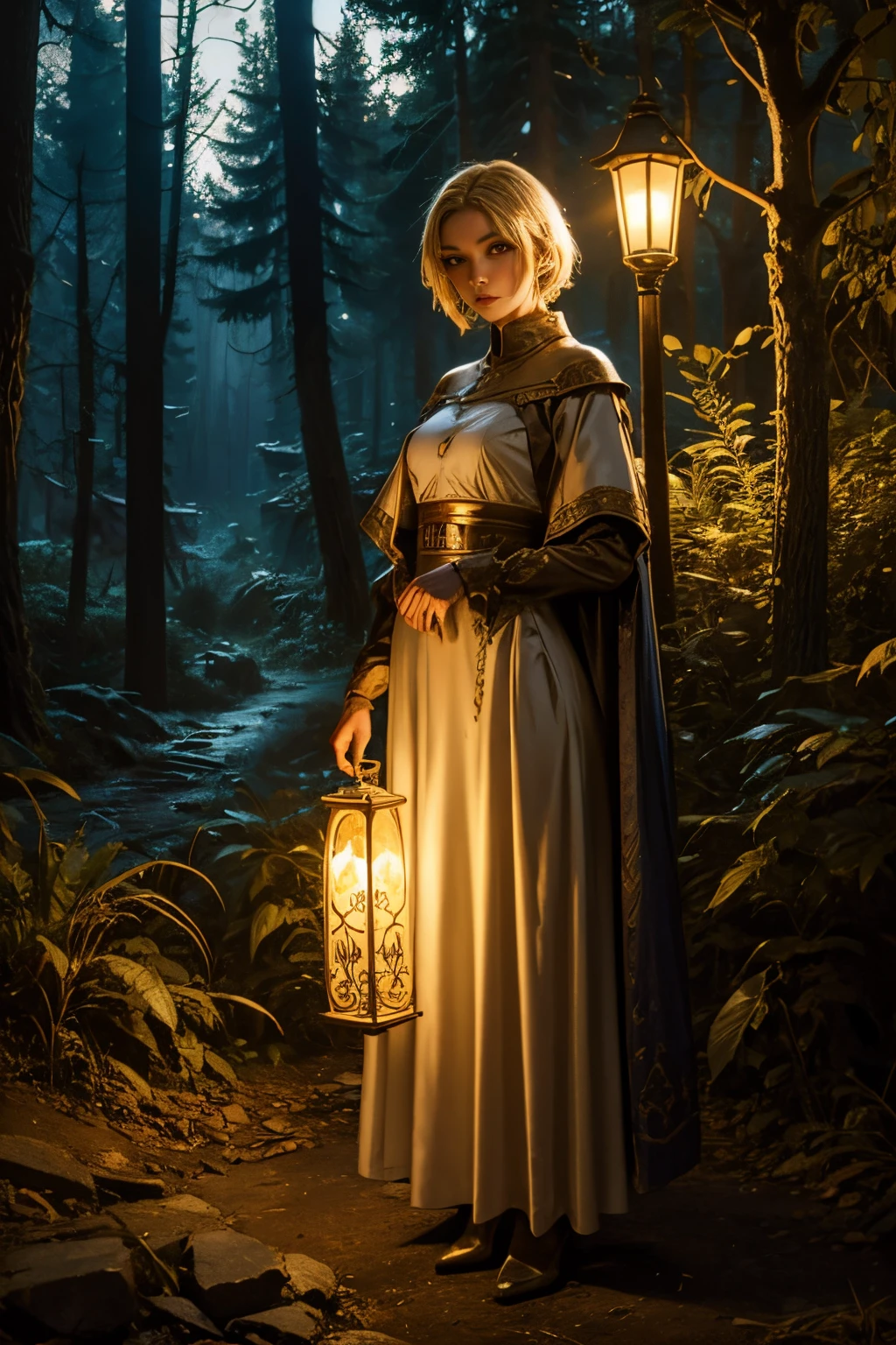 Marta Gromova (Ukrainian Model), short hair, sexy, blonde, wearing medieval simple clothes, in a forest at night