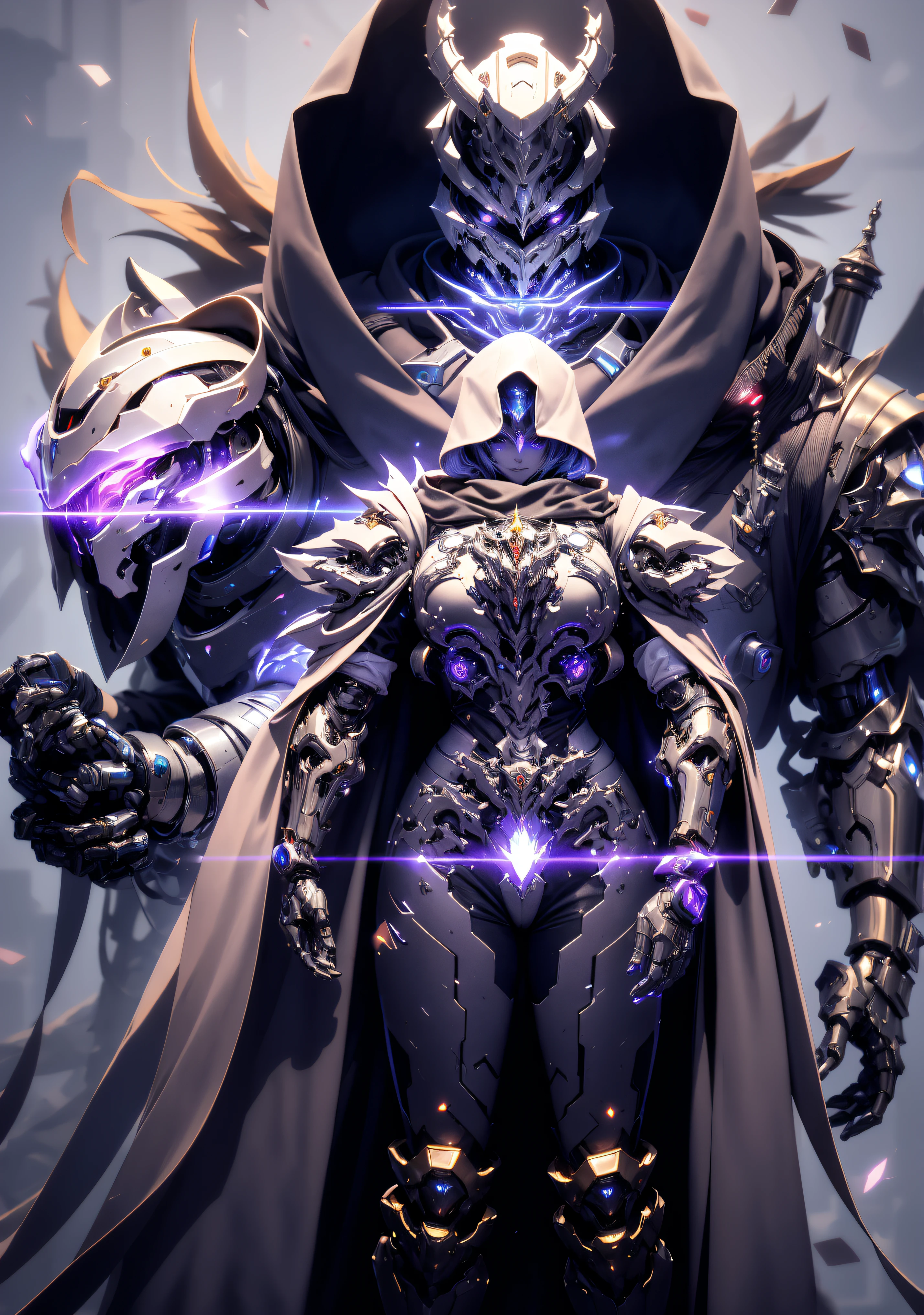 masterpiece, sci-fi mage, sci-fi wizard, sci-fi sorceror, mechanical mecha knight head with a glowing visor, hood, the armor plating and engraved, demonic charm, cybernetic design, mechanical traits, mecha muscles, looking at viewer, spell casting, cyberpunk, female, feminine, large breasts
