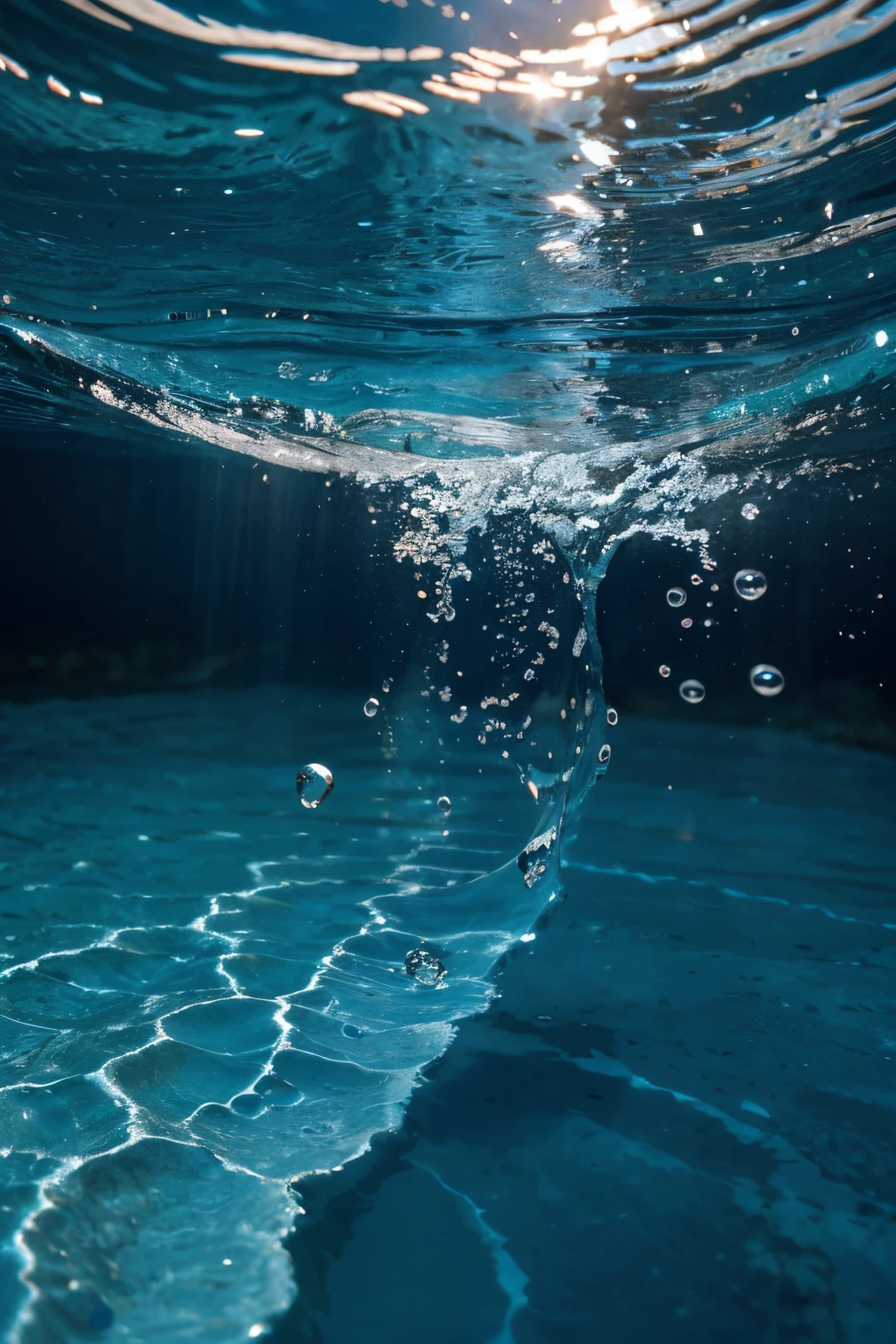 Close-up fresh water with rich details, predominantemente azul e transmitindo paz e unidade com o divino. A imagem deve ser gerada em paisagem