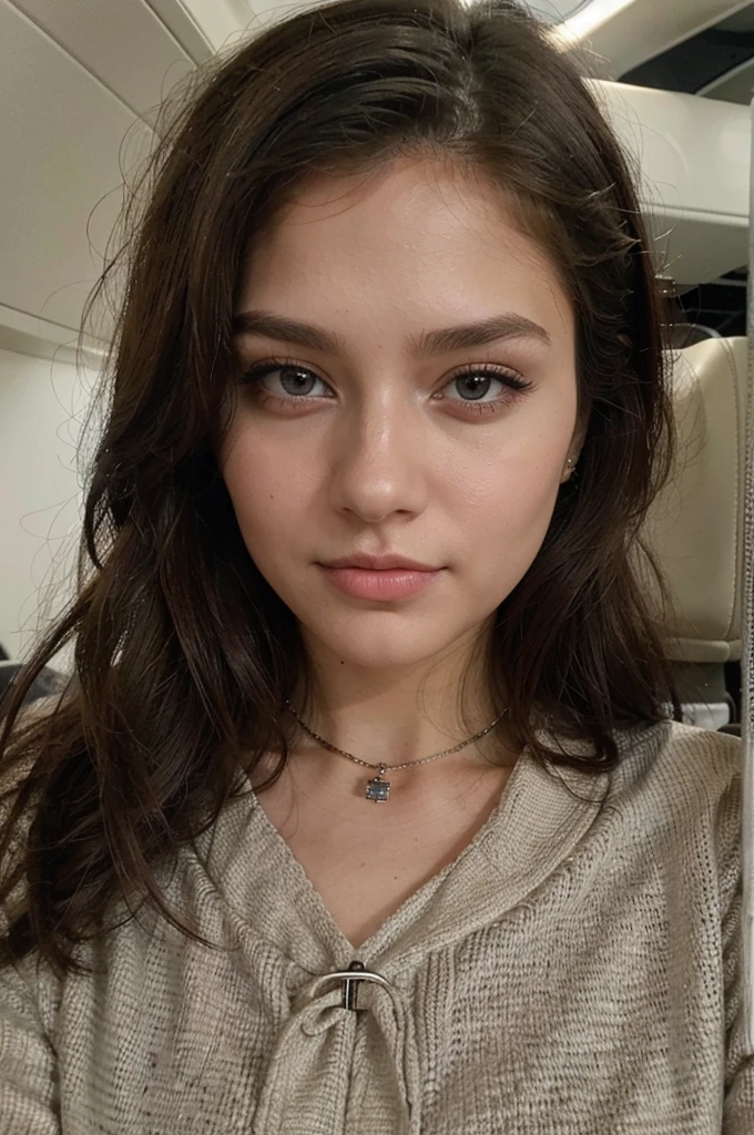 ((best quality)), ((Meisterwerk)), (Detailliert), Perfektes Gesicht, 1.1, Hochdetaillierte Gesichts- und Hautstruktur, Detaillierte Augen, brown eyes, brown colored eyes, cute makeup, Anastasia 24 year old russian, cute instagram modeling pictures, full body picture in a private jet