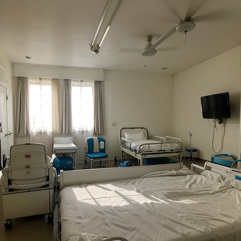 A hospital room with an empty bed