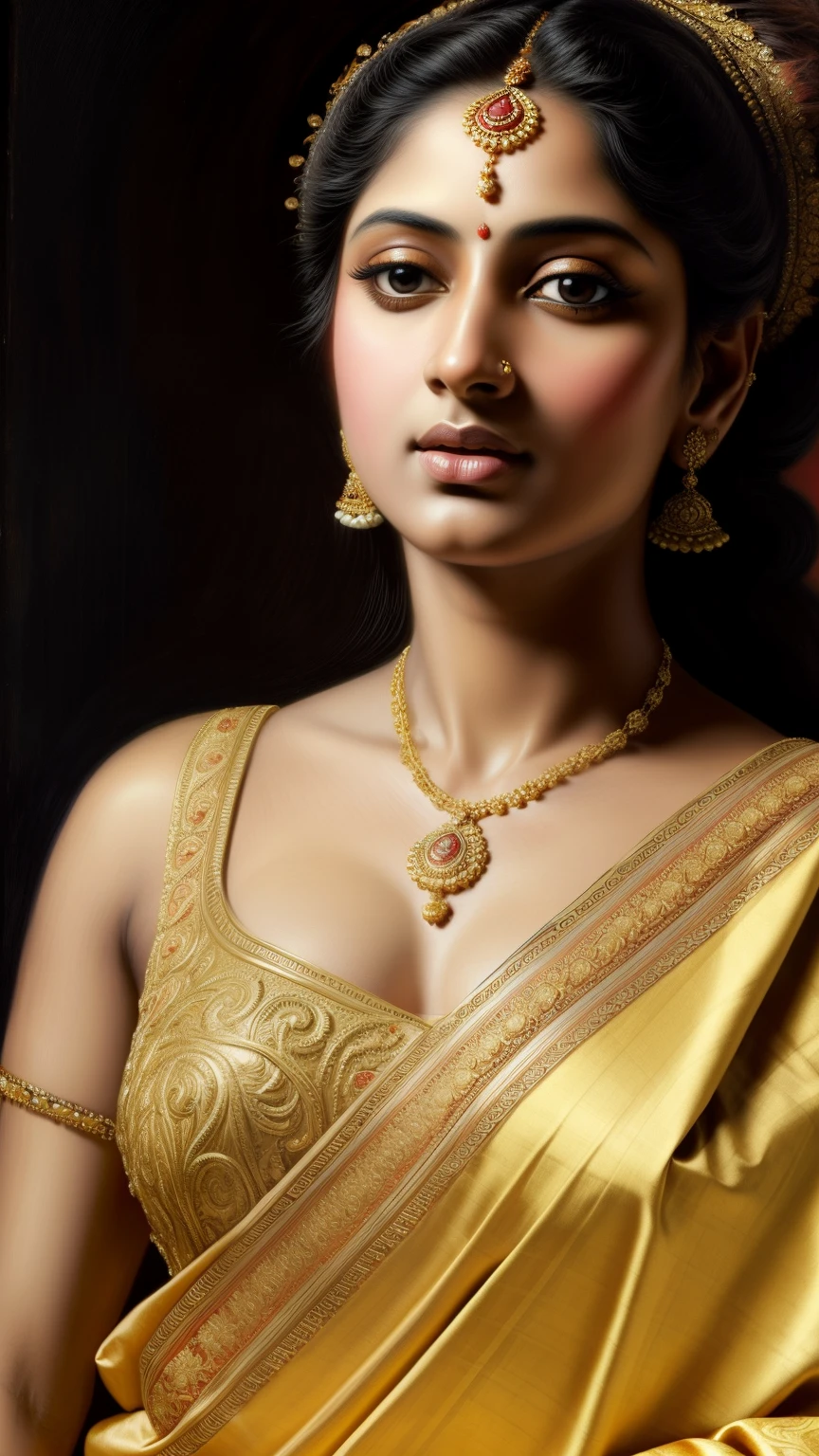 Beautiful Indian Woman, wearing saree, sari Beauty, gorgeous, Apsara, Maharani, royal queen woman, nymph from Hindu Mythology, Urvashi, matchless beauty, Highly detailed, Oil Painting by Peter Paul Rubens inspired by Raja Ravi Varma, Matchless beauty, captivating, gorgeous, heavenly beauty, celestial beauty, by Peter Paul Rubens, 1893, realistic, hyper realistic, micro details, incredible artwork, insane details, ultra High resolution, 8k, 32k, acrylic on canvas, intricate, flawless, detailed, detailed face, detailed eyes, masterpiece, by Peter Paul Rubens, by Caravaggio, by William Adolphe bouguereau, perfect face, perfect body, beautiful art, realism, baroque, renaissance Art, highly textured, beautiful and detailed eyes, uhd, best quality,