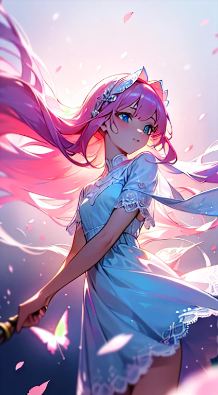 (CG unity 8k wallpaper extremely detailed) (better quality) (better lighting) (an extremely delicate and beautiful) (floating) (beautiful) (spring atmosphere) (1girl) (long pink hair), (hair headband), (detailed and beautiful blue eyes), ((very short white dress, pink lace underside), (lace), ((light transparent silk))), (cherry blossom petals), (butterflies), (dof), (volumetric light) cinematic lighting, chromatic aberration, Sony FE GM, textured skin, high details, highres, 8k