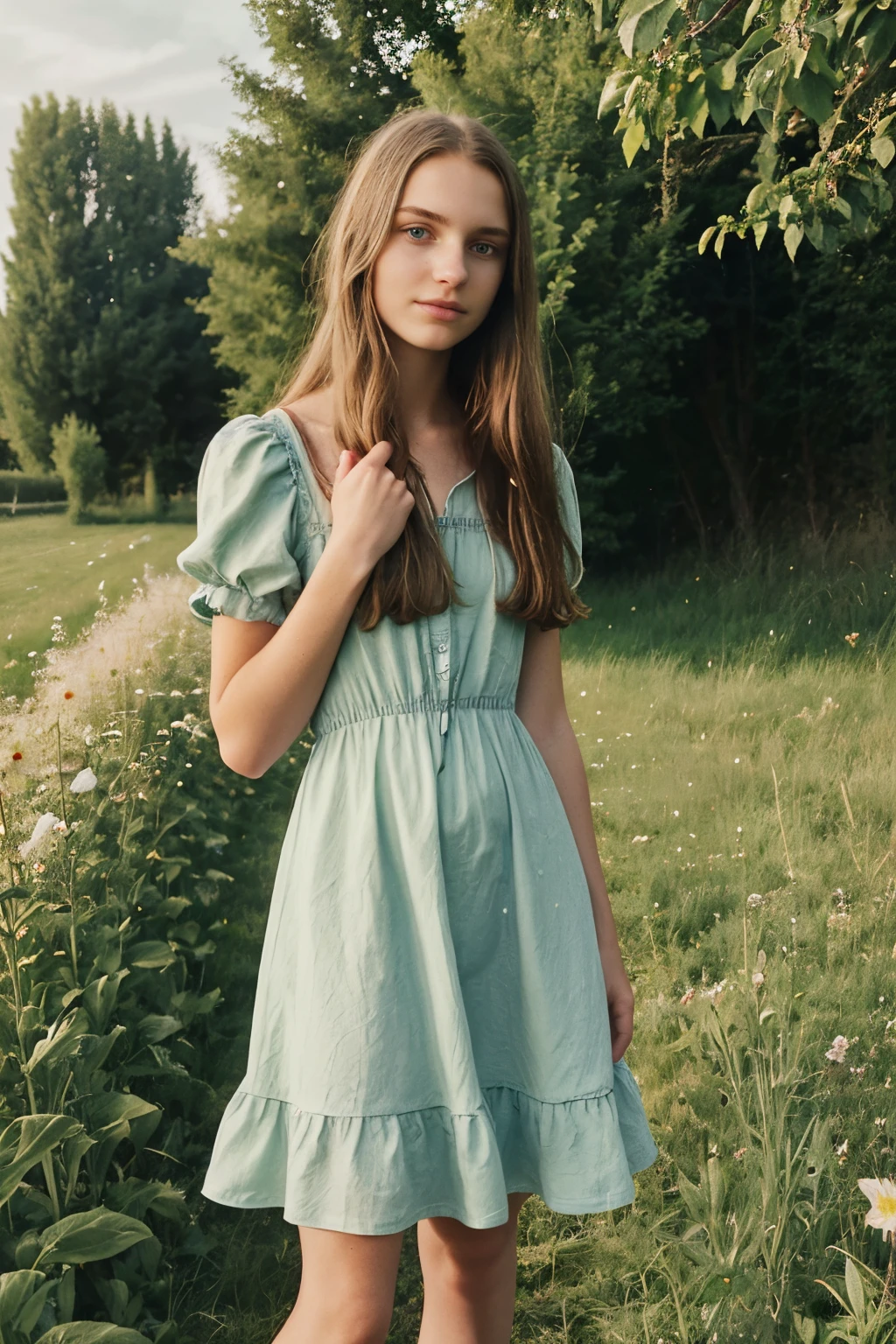 young woman, 16 Jahre alt, iPhone-camera, straight hairs, beautiful, 16 years old, summer dress, evening, italian nature, Toskana