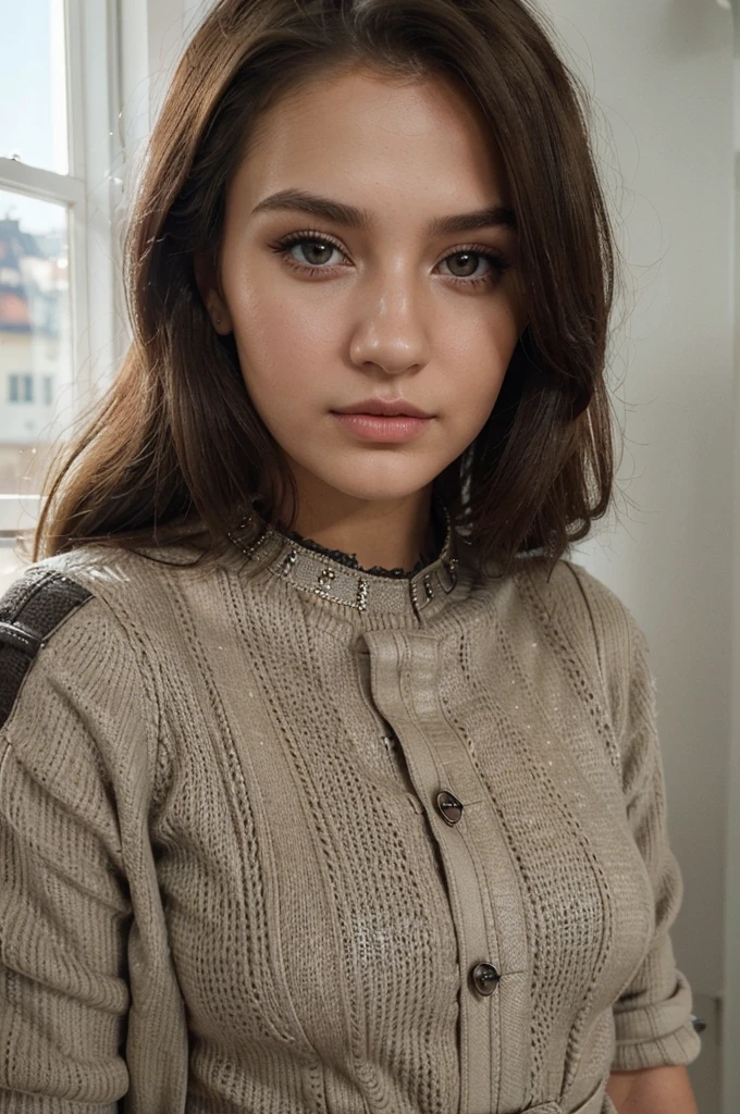 ((best quality)), ((Meisterwerk)), (Detailliert), Perfektes Gesicht, 1.1, Hochdetaillierte Gesichts- und Hautstruktur, Detaillierte Augen, brown eyes, brown colored eyes, cute makeup, Anastasia 24 year old russian, cute instagram modeling pictures, full body picture, modest clothing