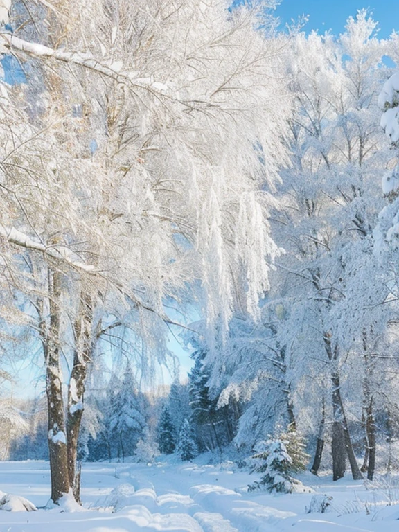 Snowy forest in sunny day