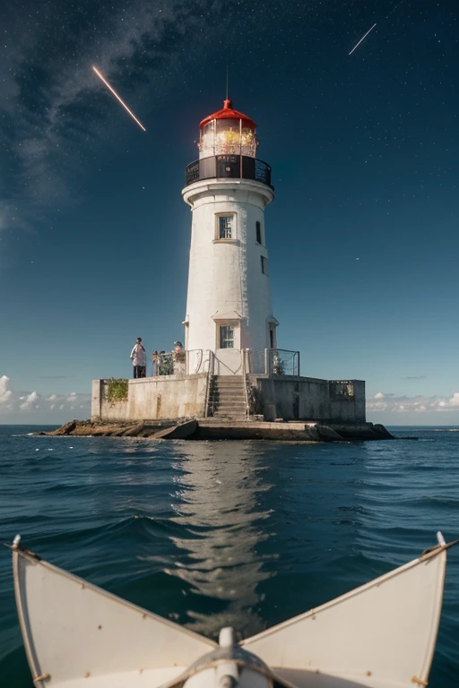 "Generate a cartoon-style vector illustration of a seaside lighthouse, incorporating symbolic elements related to sailors and the mystical presence of Iemanjá. Destacar o farol de maneira estilizada, include cartoonish sailor characters and subtle elements that evoke the energy of Iemanjá, providing a joyful and captivating representation of this maritime scene."