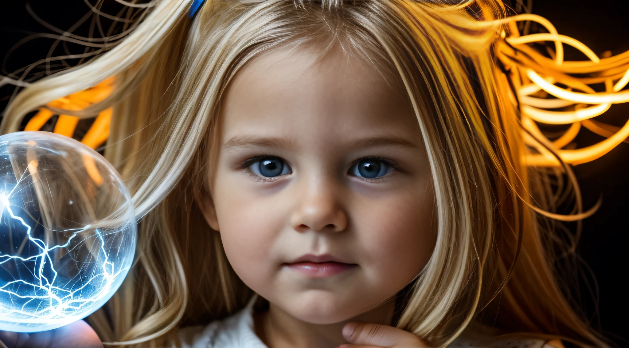 a close-up of a blonde child with long hair, BIG BALL OF electrified ICE IN HANDS. FUMO LARANJA.