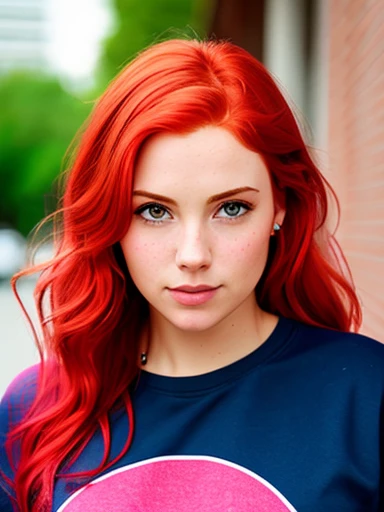 Have a red hair. Wear a pink sweat t-shirt and look slightly to the right.and looking real