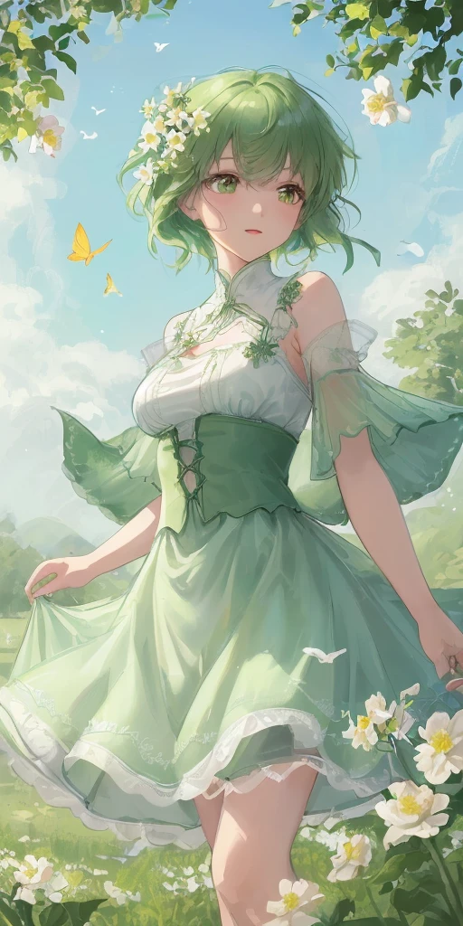 High Detail, Ultra Detail, Ultra High Resolution Short green hair girl enjoying her time in open field, surrounded by the beauty of nature, warm sun sprinkling on her, white flowers gently swaying in the breeze. Butterflies and birds flutter around her, adding to the playful atmosphere , --v6