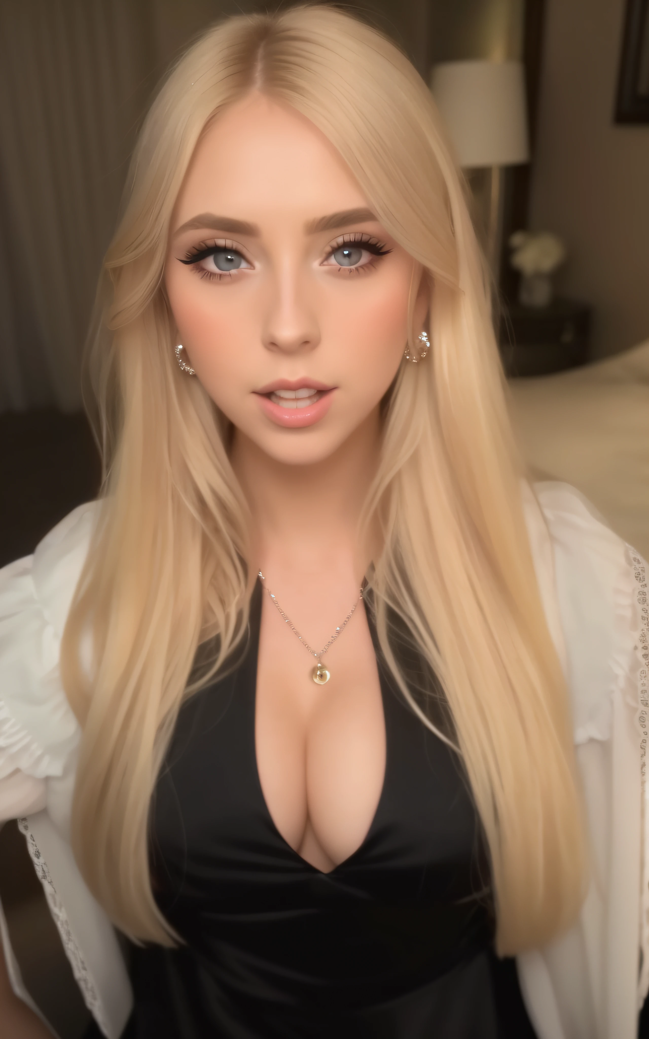 a close up of a woman with long blonde hair and a black dress, long blonde hair and large eyes, blonde hair and large eyes, long blonde hair and big eyes, cleavage, blonde goddess, 19-year-old girl, with long blond hair, she is facing the camera, sexy face with full makeup, better known as amouranth