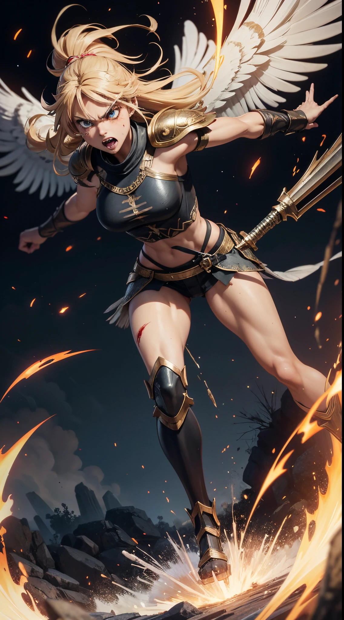 Beautiful angry Valkyrie running through a battlefield wielding a long stylized anime-style broadsword, shouting in rage, fit toned lean, very buff and muscular, thin waist, slim hips, anime-style Valkyrie armor, blood splatter smeared and dripping, wings spread wide, long wild hair, brightly glowing eyes, swirling rage aura surrounding her