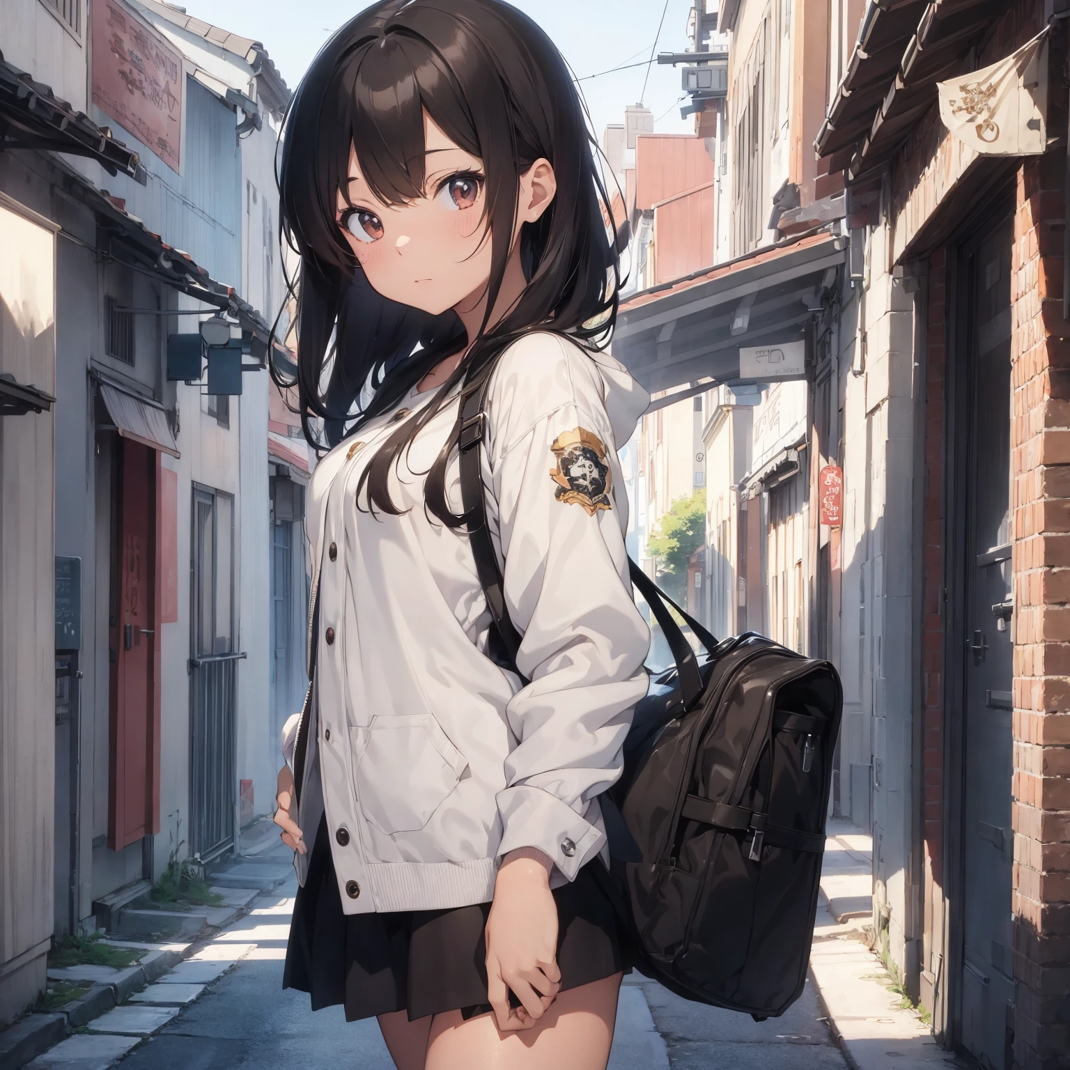 Masterpiece, top quality, 4K, ultra HD, Anime girl with short brown hair, wearing a white university jacket, posing for a photo, Art in the style of Guweiz, detailed digital anime art, Anime-style digital art, Anime-style art, Guweiz, Anime-style illustration, Clean and detailed anime art, Digital anime illustration, Detailed anime character art, Detailed portrait of the anime girl, Anime skull portrait woman, Detailed anime art.