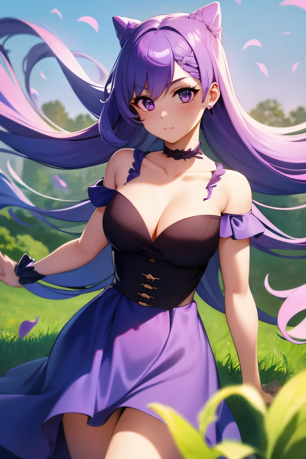 A young girl in her twenties, with lavender colored hair and eyes. She is in a field full of short grass and the wind is blowing her mid high cosmic colored dress