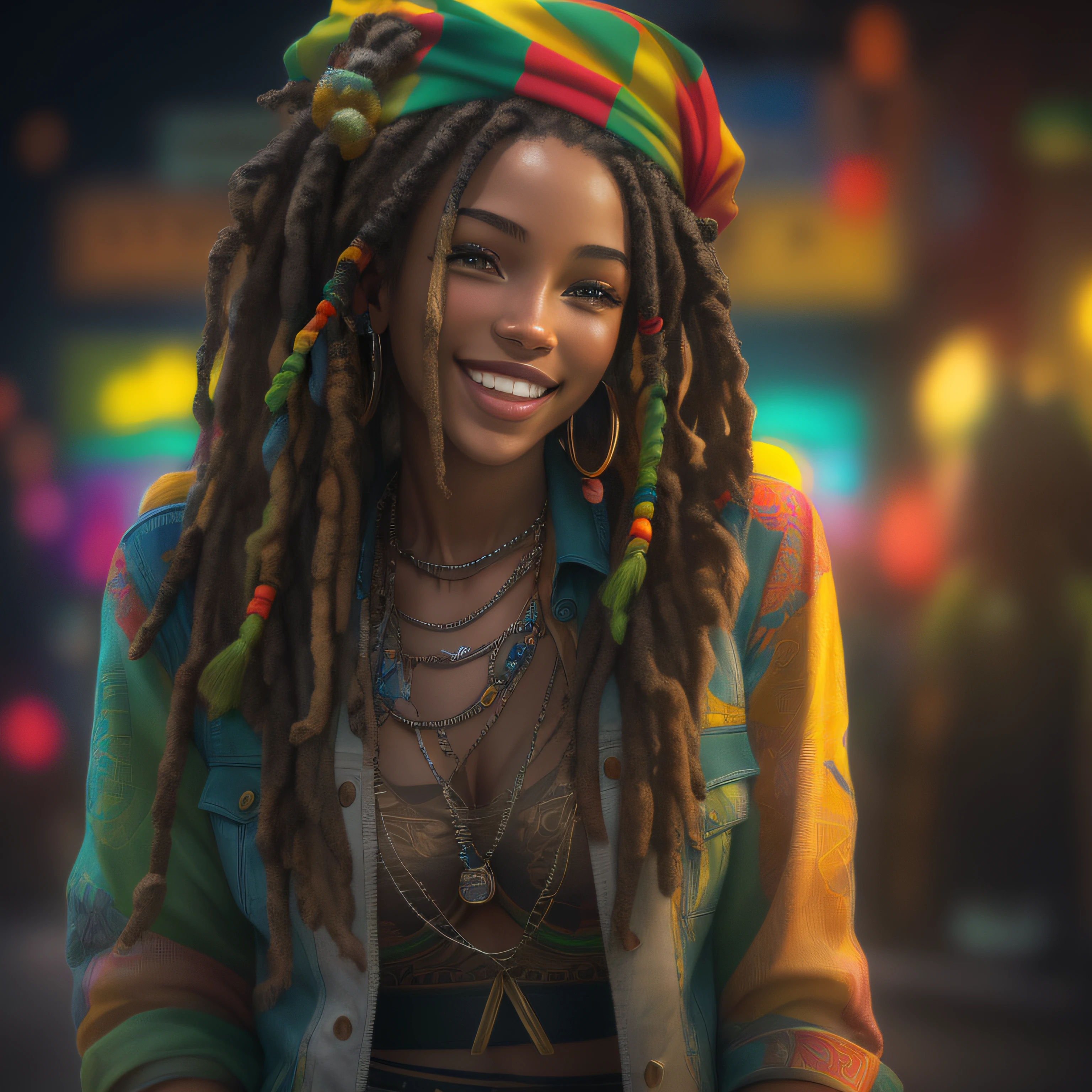 Rastafari girl smiling with Rastafari accessories in dreadlocks, fotografia, Bright neon lighting in reggae colors, detalhes suaves, octana, Artstation Trend, ultra alto detalhe, Ultra realista, cinemactic, 16k, Imagem com pelo menos 300dpi, fundo preto, lighting to highlight the background figure