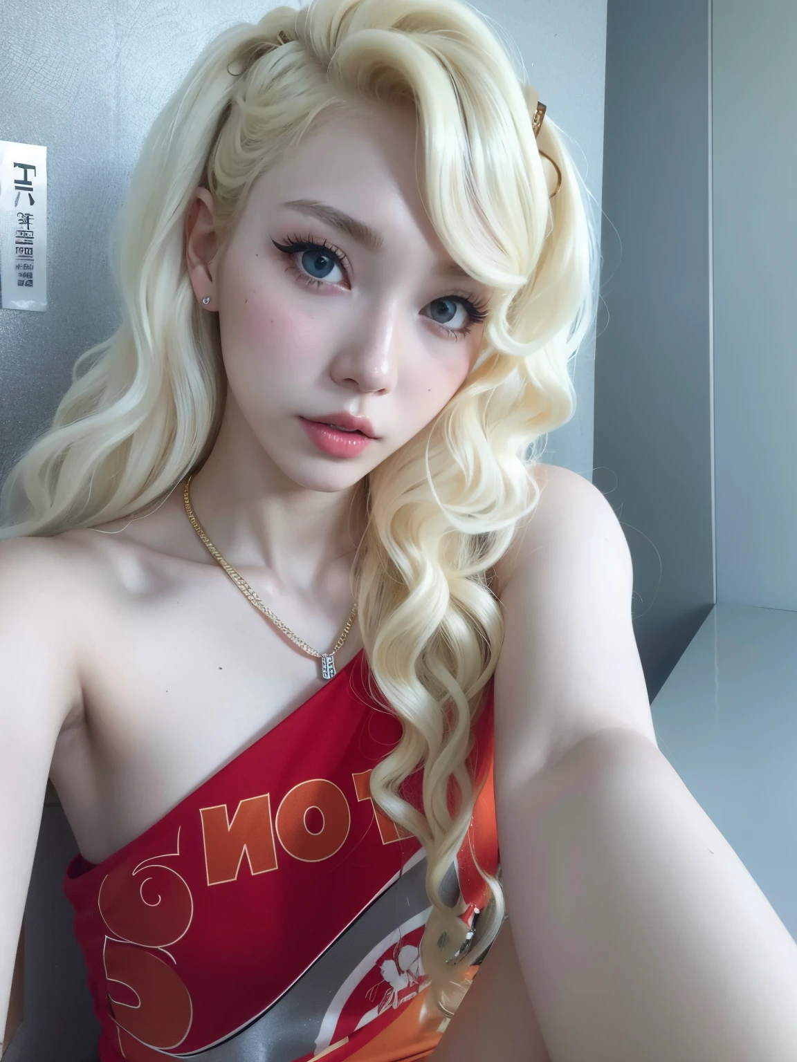 blond girl with long curly hair wearing a red dress, anime girl in real life, ann takamaki from persona 5, extremely pale blond hair, anime girl cosplay, with white long hair, with long white hair, very very pale blond hair, korean girl, ig model | artgerm, sakimichan, ulzzang, tifa lockhart with white hair