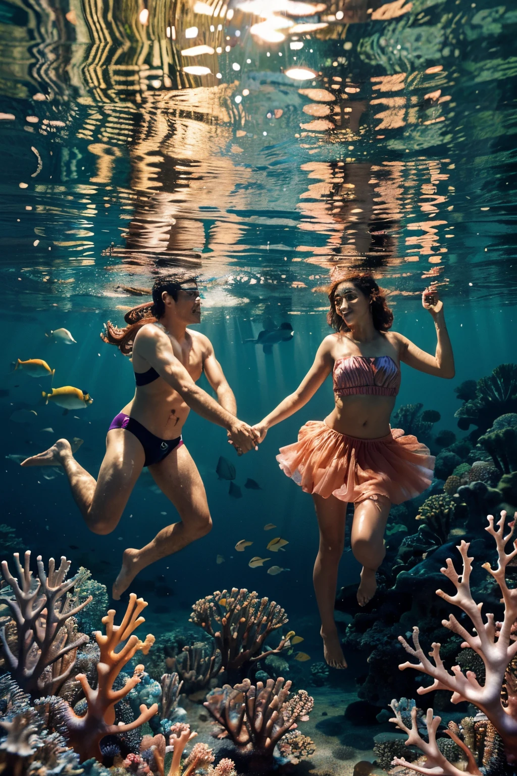 A dreamy ethereal scene of two lovers in a whimsical aquatic setting, The couple is floating amidst flower petals and shimmering bubbles immersed in a softly lit mystical underwater environment, Their bodies are intertwined in a sensual passionate dance with expressions of deep connection and surrender, The background is composed of organic abstract shapes creating a fantastical and enveloping atmosphere, The color palette is dominated by shades of blue purple and gold lending an oneiric and melancholic quality, Style Atmospheric ethereal whimsical sensual melancholic romantic aquatic