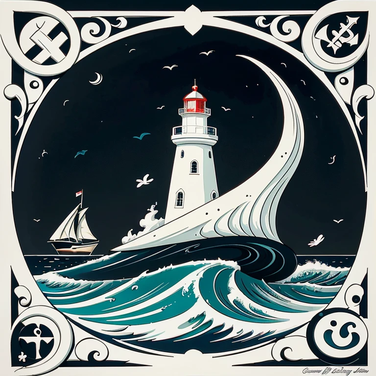 "Gerar preto e branco, cartoon style vector art of a seaside lighthouse, incorporating symbols of Iemanjá, elements of Umbanda and the distinctive symbol of sailors. Enfatizar contornos e adornos, evitando o realismo, create a stylized and impactful representation of the maritime scene, capturing the essence of maritime spirituality and tradition in a visually appealing way."