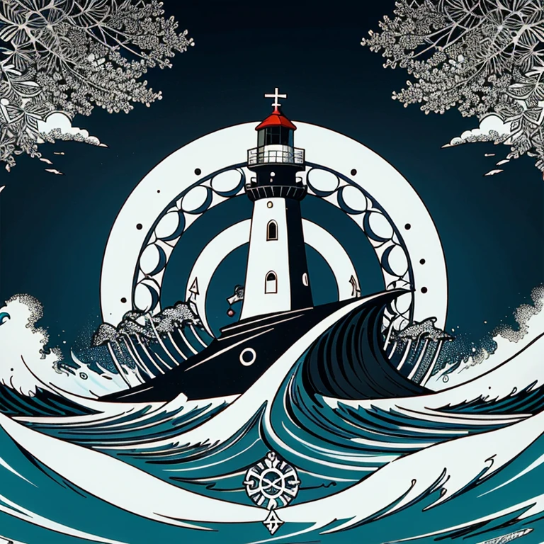 "Gerar preto e branco, cartoon style vector art of a seaside lighthouse, incorporating symbols of Iemanjá, elements of Umbanda and the distinctive symbol of sailors. Enfatizar contornos e adornos, evitando o realismo, create a stylized and impactful representation of the maritime scene, capturing the essence of maritime spirituality and tradition in a visually appealing way."