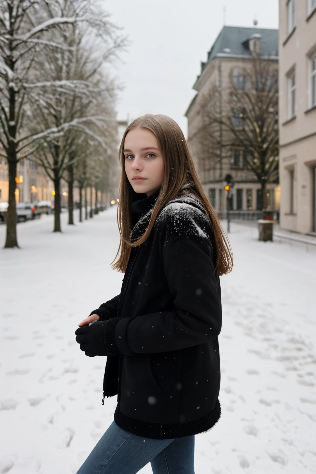 young woman, Jahre alt, iPhone-camera, straight hairs, beautiful, 16german city, snow, Winter Outfit, model, instagram picture, posing, very beautiful, different camera angle